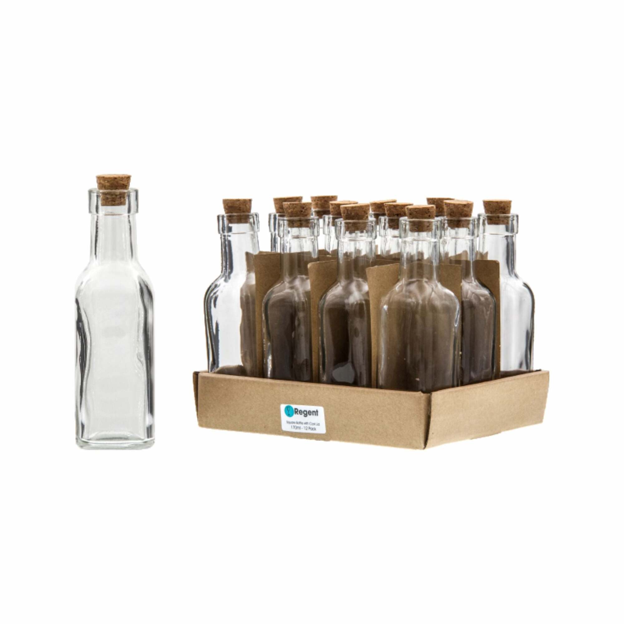 REGENT GLASS BOTTLE SQUARE WITH CORK LID 12 PACK, 170ML (155X45X45)