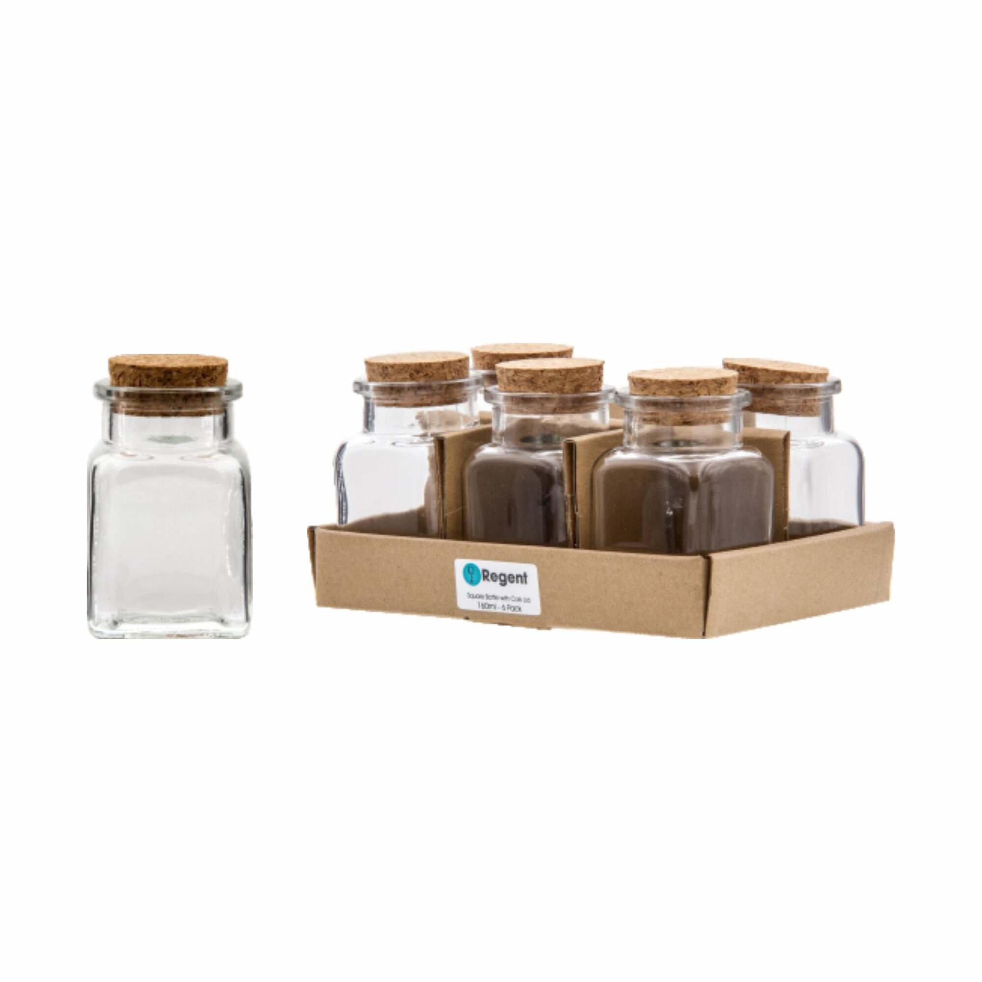 REGENT GLASS JARS SQUARE WITH CORK LID 6 PACK, 160ML (95X55X55MM)