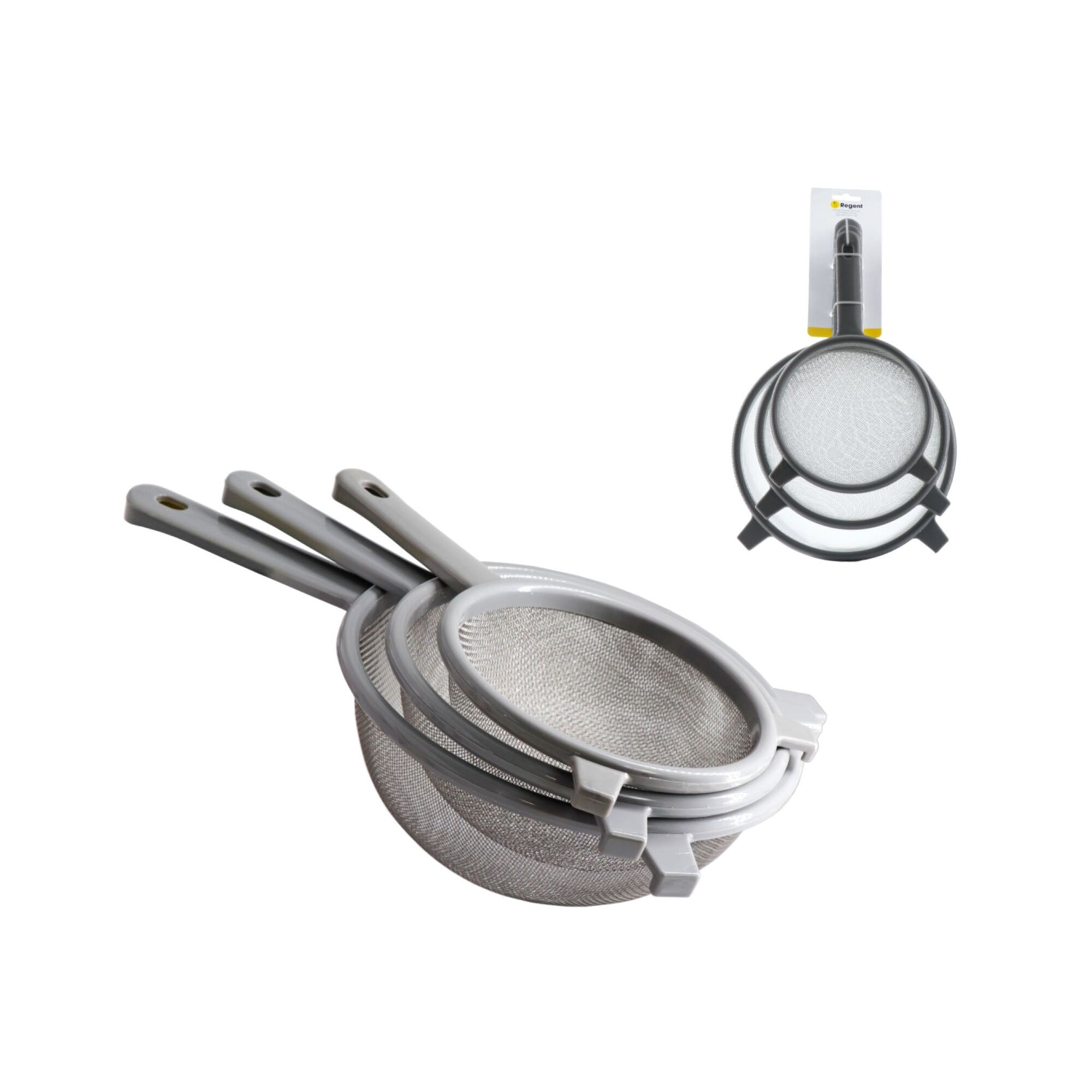 REGENT KITCHEN STRAINERS ST STEEL WITH PP PLASTIC FRAME GREY 3 PIECE SET, (150/180/210MM DIA)