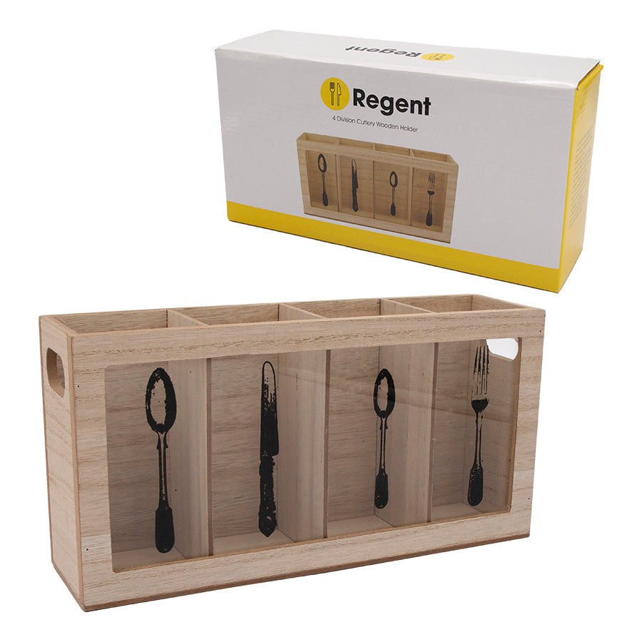 REGENT KITCHEN CUTLERY HOLDER 4 DIVISION WOOD AND GLASS WITH MOTIFS, (295X80X150MM)