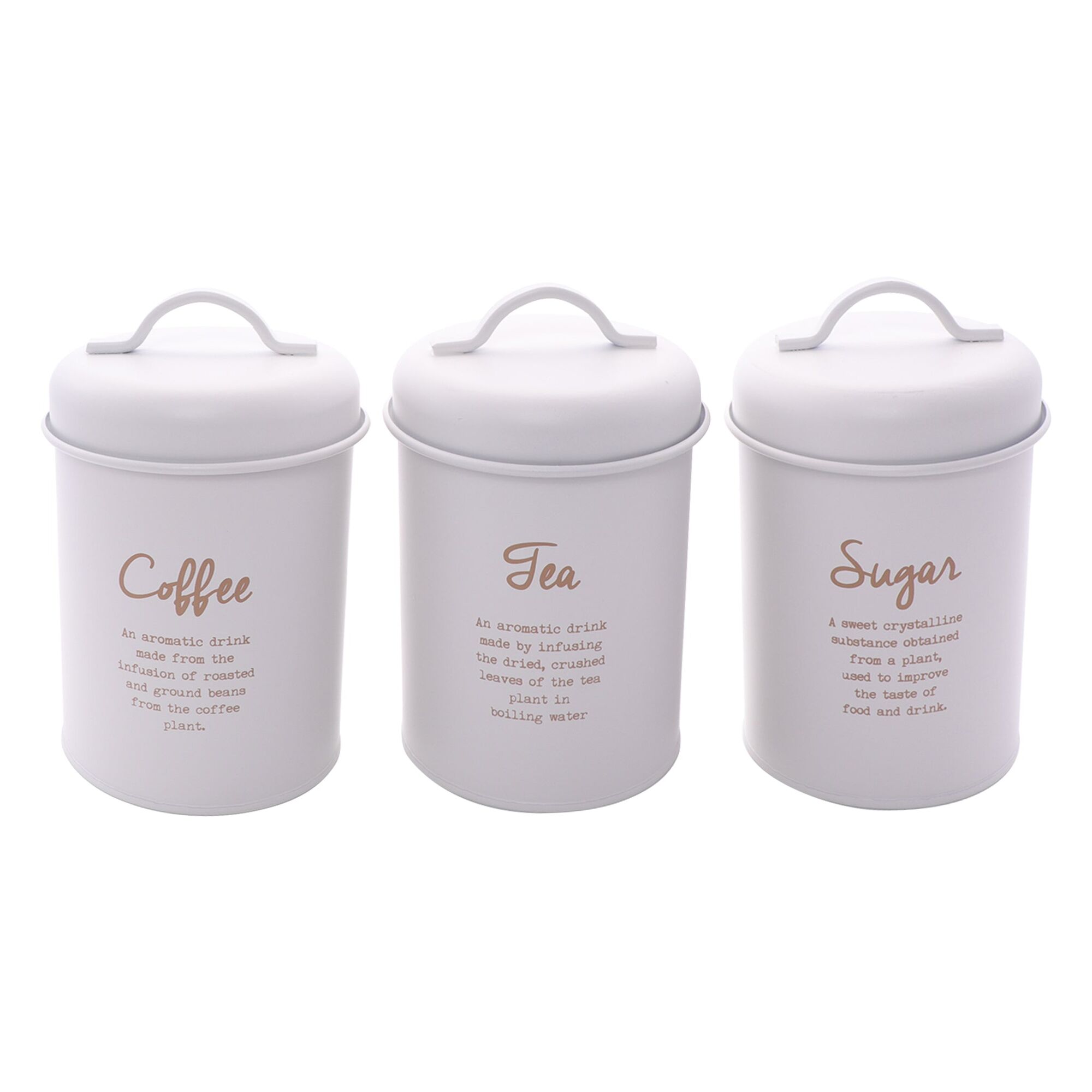 REGENT SUGAR, COFFEE AND TEA CANISTERS WHITE WITH GOLD PRINT 3 PCE SET