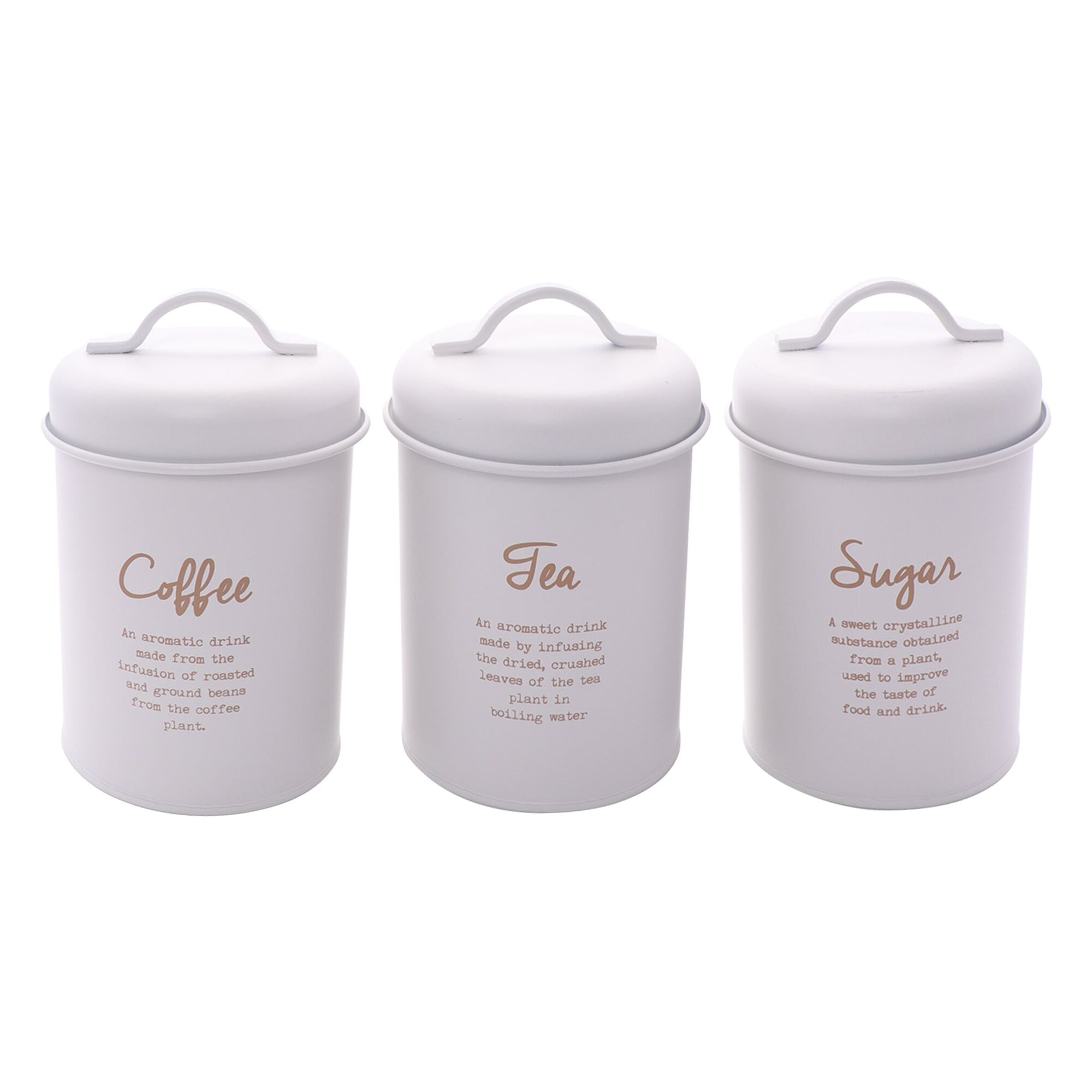 REGENT KITCHEN TEA, COFFEE AND SUGAR CANISTERS WHITE WITH GOLD PRINTING 3 PCE SET, (100MM DIAX160MM)