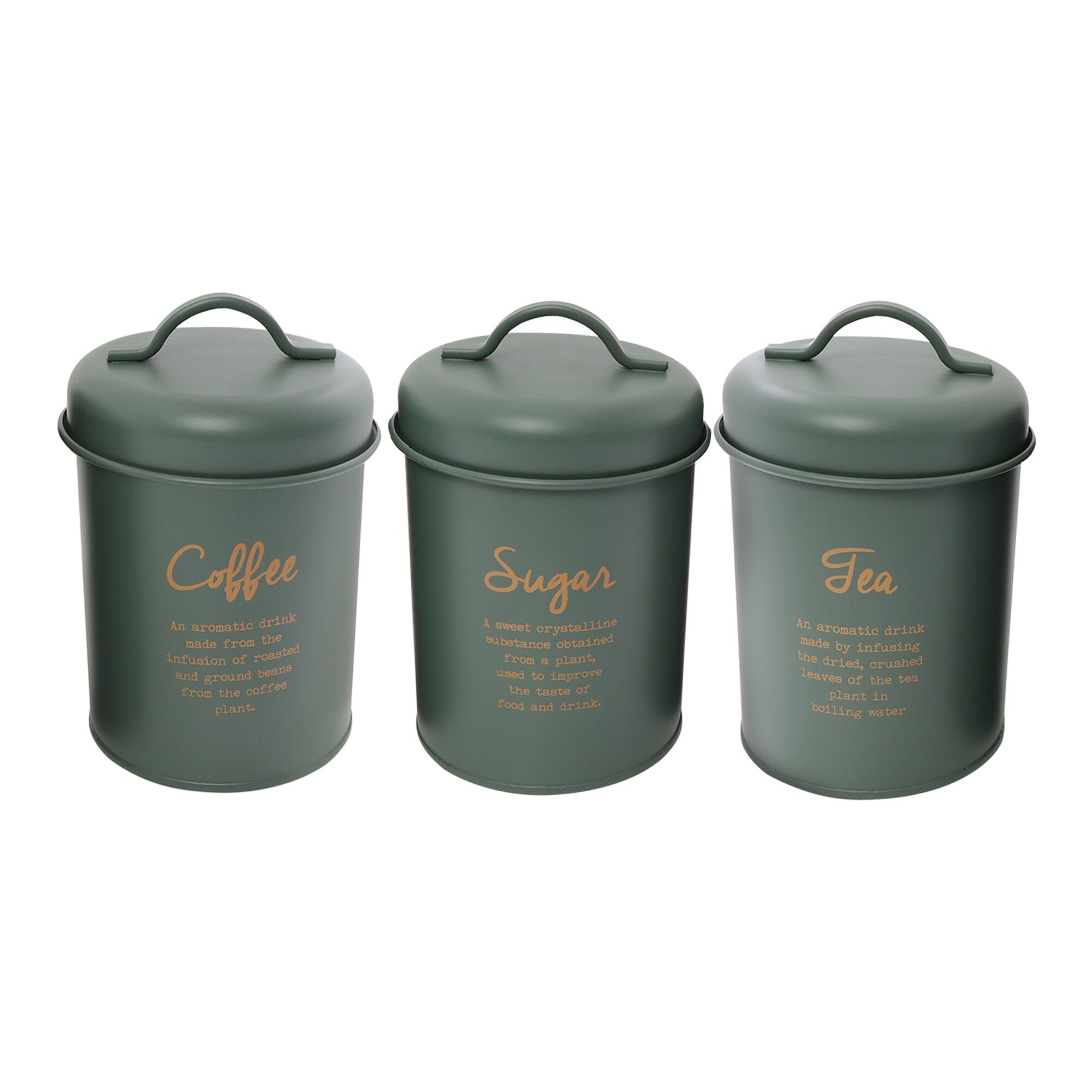 REGENT SUGAR, COFFEE & TEA CANISTERS GREEN WITH GOLD PRINT 3PK SET