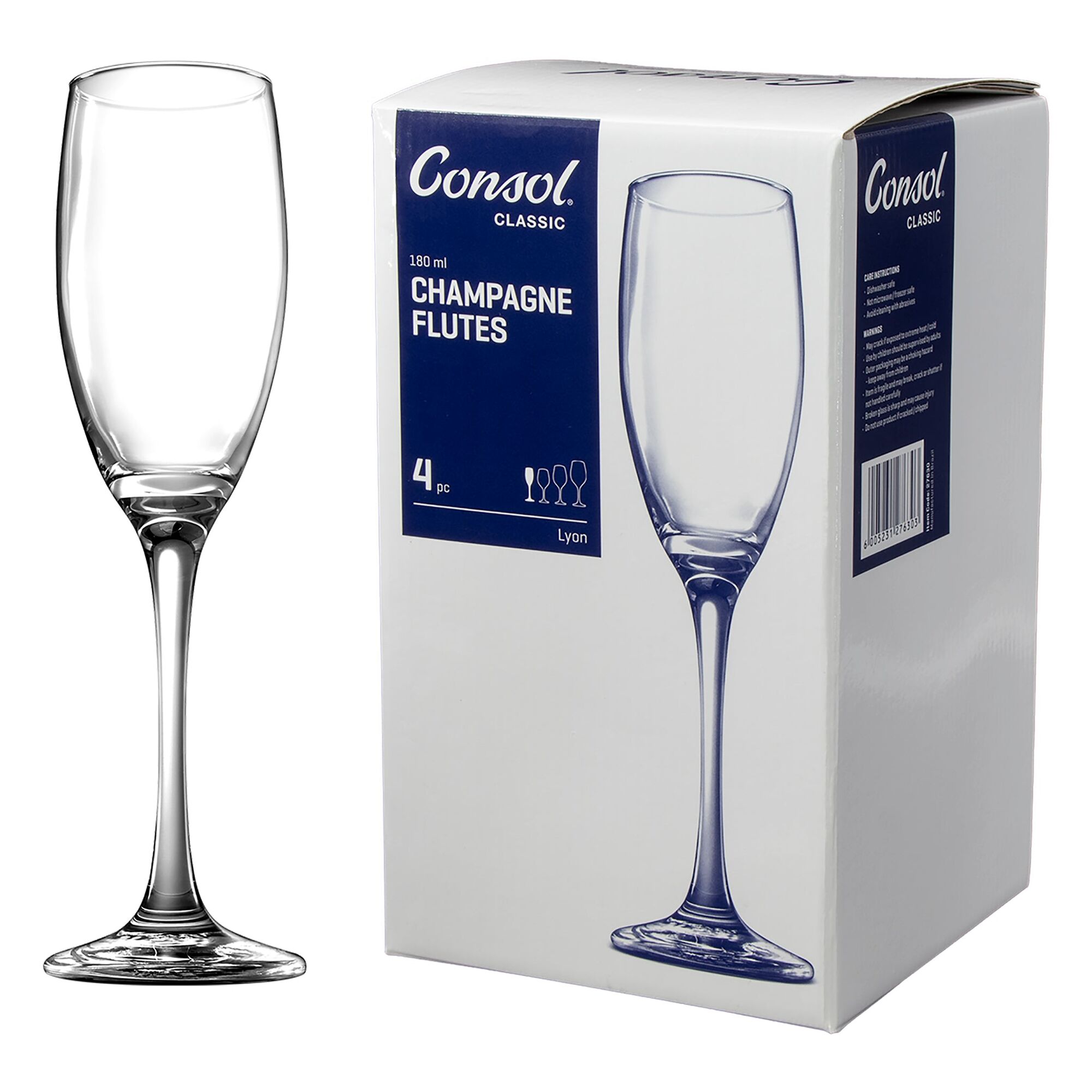 CONSOL LYON STEM CHAMPAGNE FLUTE 4 PACK, (180ML)