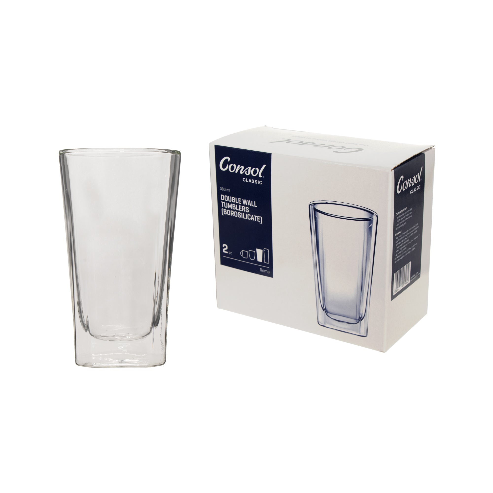 CONSOL ROMA DOUBLE WALL SQUARE BOROSILICATE GLASS TUMBLER 2 PIECE SET, (380ML)