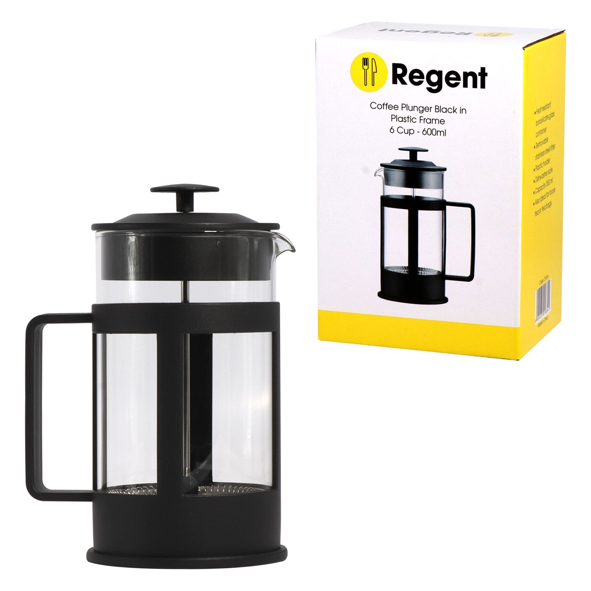 REGENT COFFEE PLUNGER BLACK WITH PLASTIC FRAME 6 CUP, (600ML)