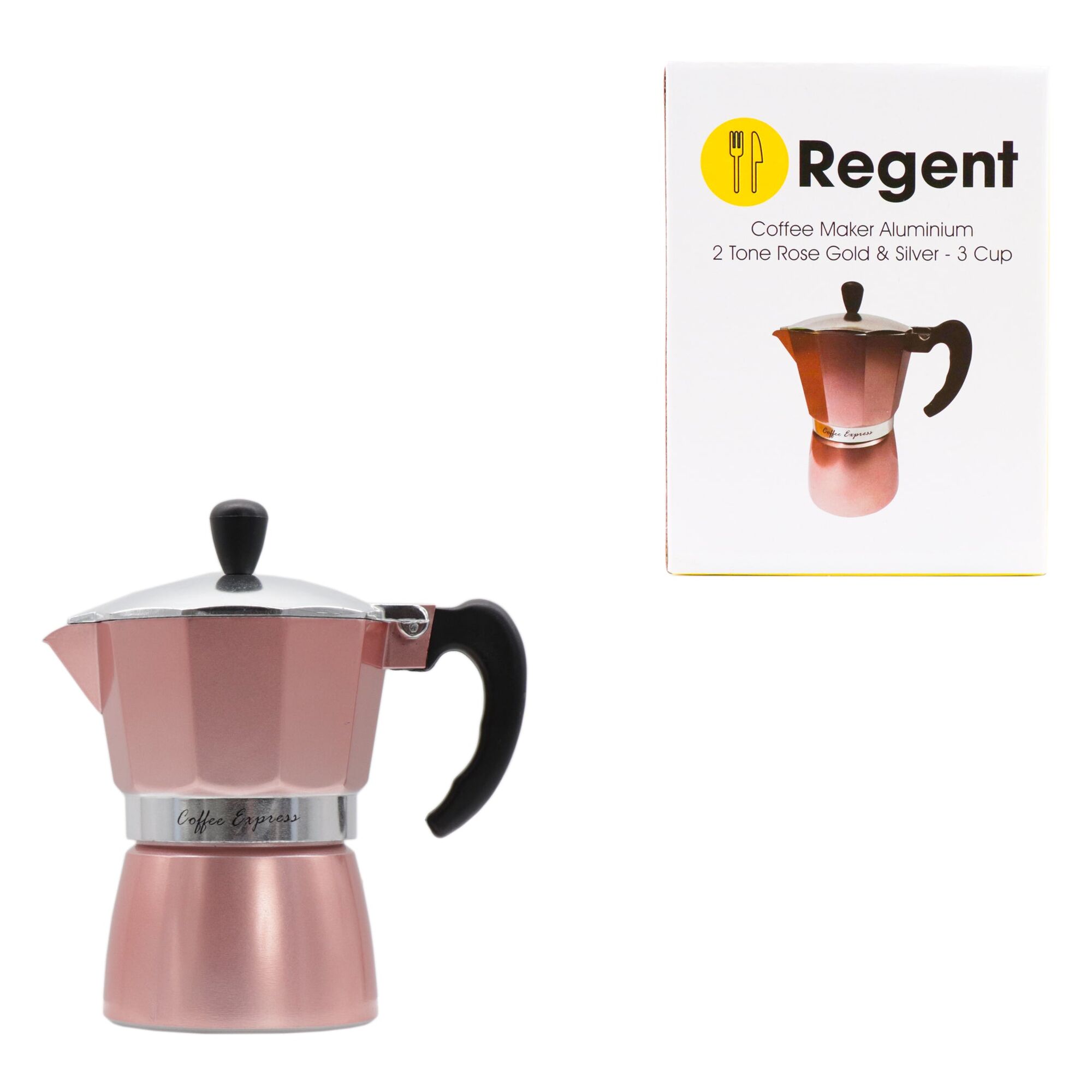 REGENT COFFEE MAKER ALUMINIUM 2 TONE ROSE GOLD & SILVER 3 CUP, (150ML)