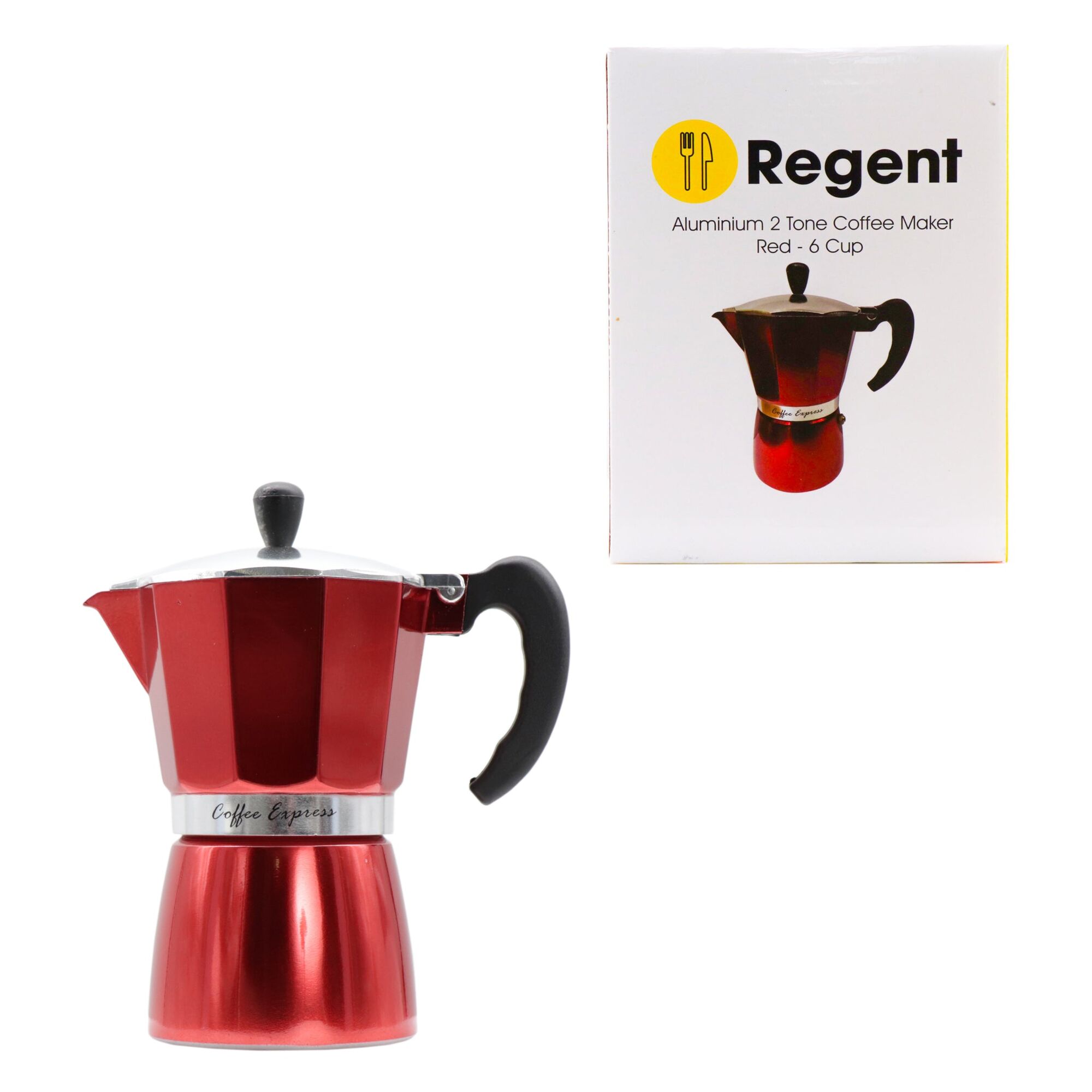 REGENT COFFEE MAKER ALUMINIUM 2 TONE RED & SILVER 6 CUP, (275ML)