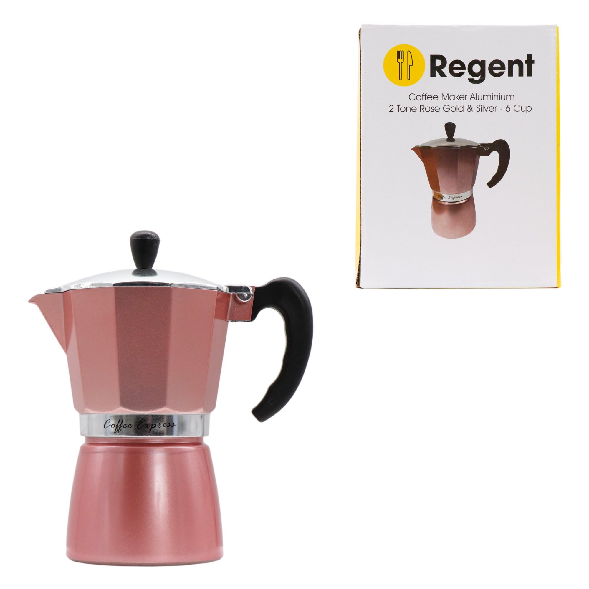 REGENT COFFEE MAKER ALUMINIUM 2 TONE ROSE GOLD & SILVER 6 CUP, (275ML)