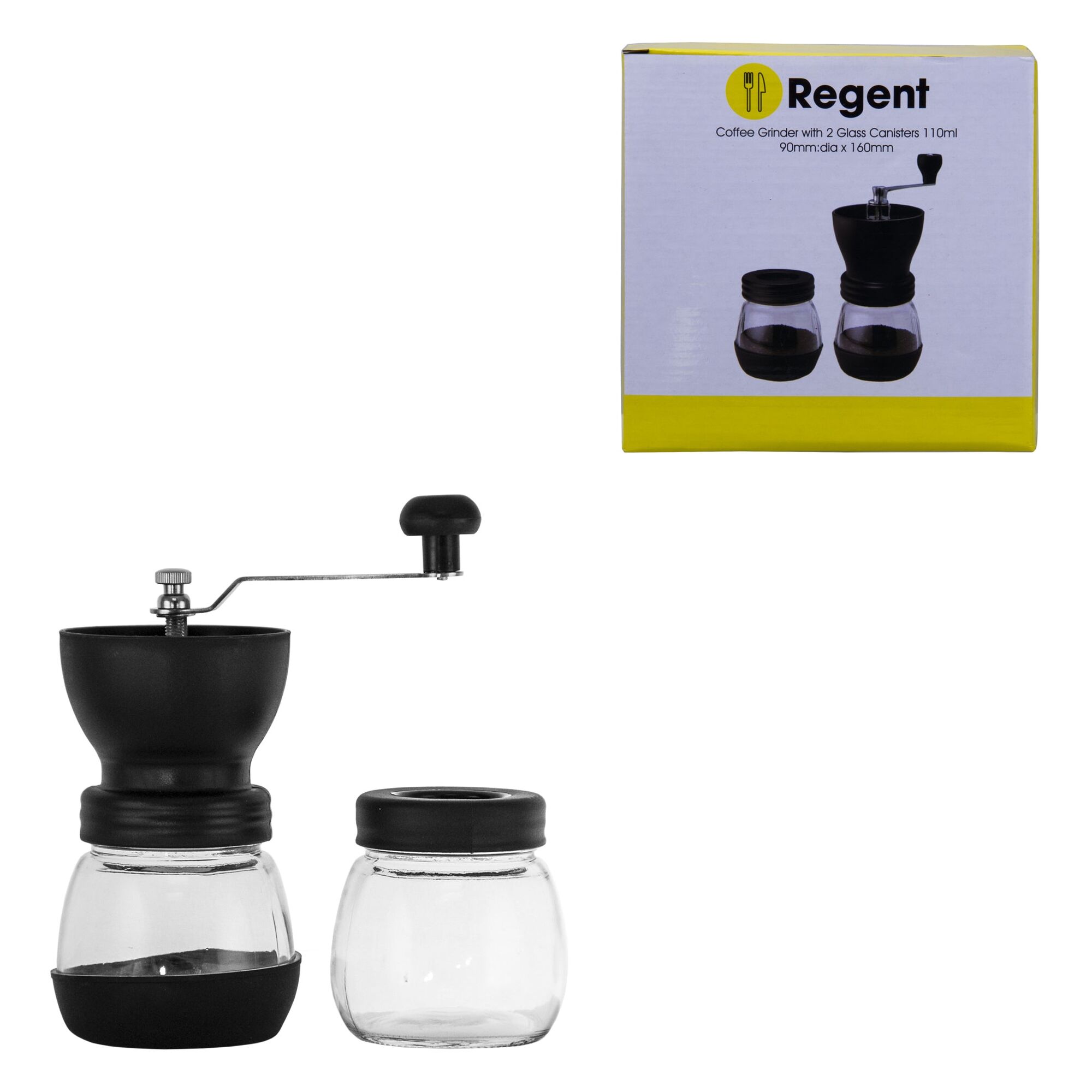 REGENT COFFEE GRINDER WITH 2 GLASS STORAGE JARS 300ML EA, (180X90MM DIA)