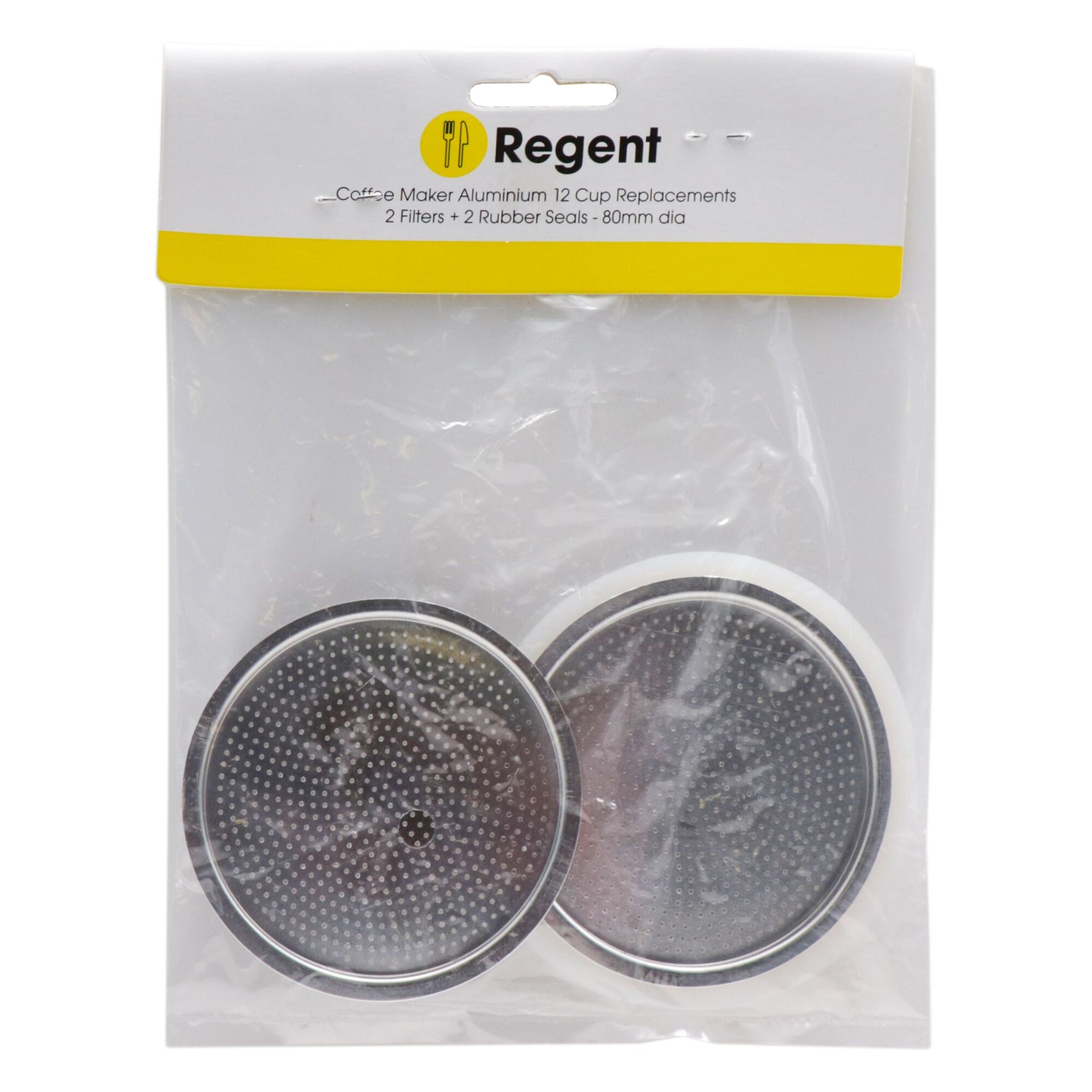 REGENT COFFEE MAKER ALUMINIUM 12 CUP REPLACEMENT FILTERS(2) & RUBBER SEALS(2) 4 PCE SET, (80MM DIA)