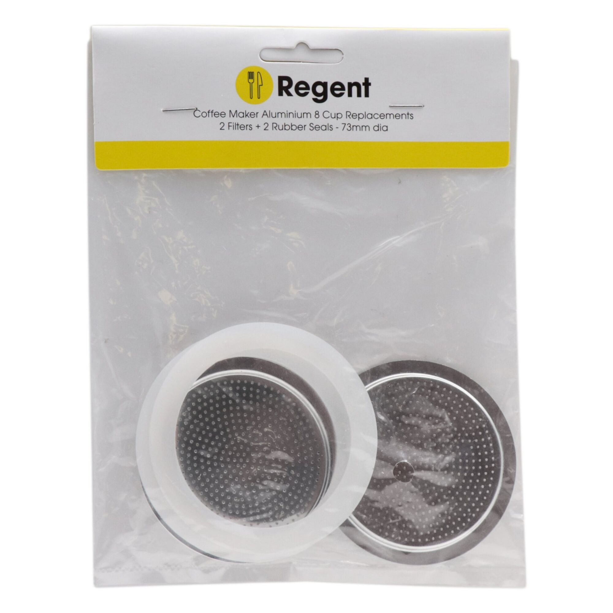 REGENT COFFEE MAKER ALUMINIUM 9 CUP REPLACEMENT FILTERS(2) & RUBBER SEALS(2) 4 PCE SET, (73MM DIA)