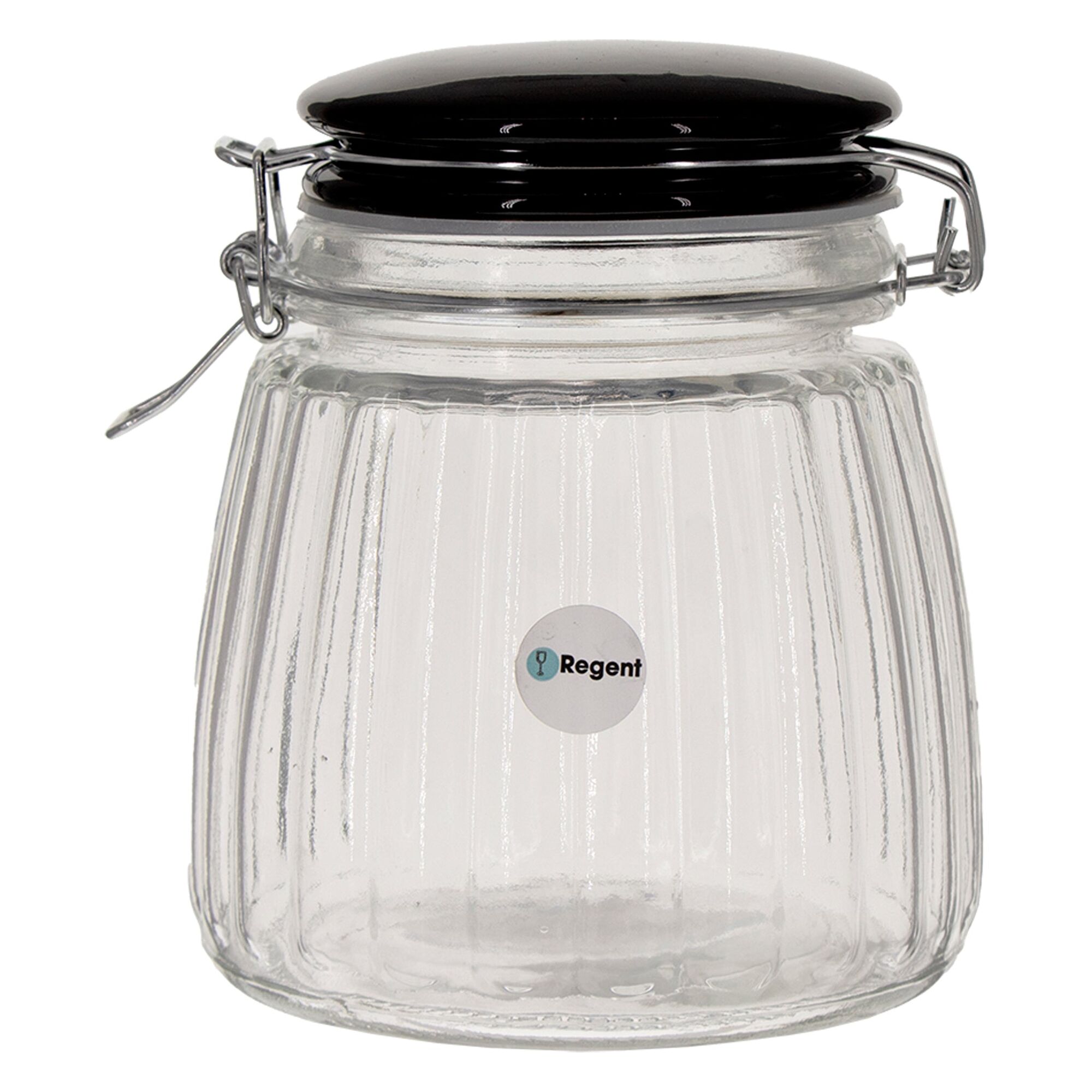 REGENT RIBBED HERMETIC GLASS CANISTER WITH BLACK CERAMIC LID AND METAL CLIP, 950ML