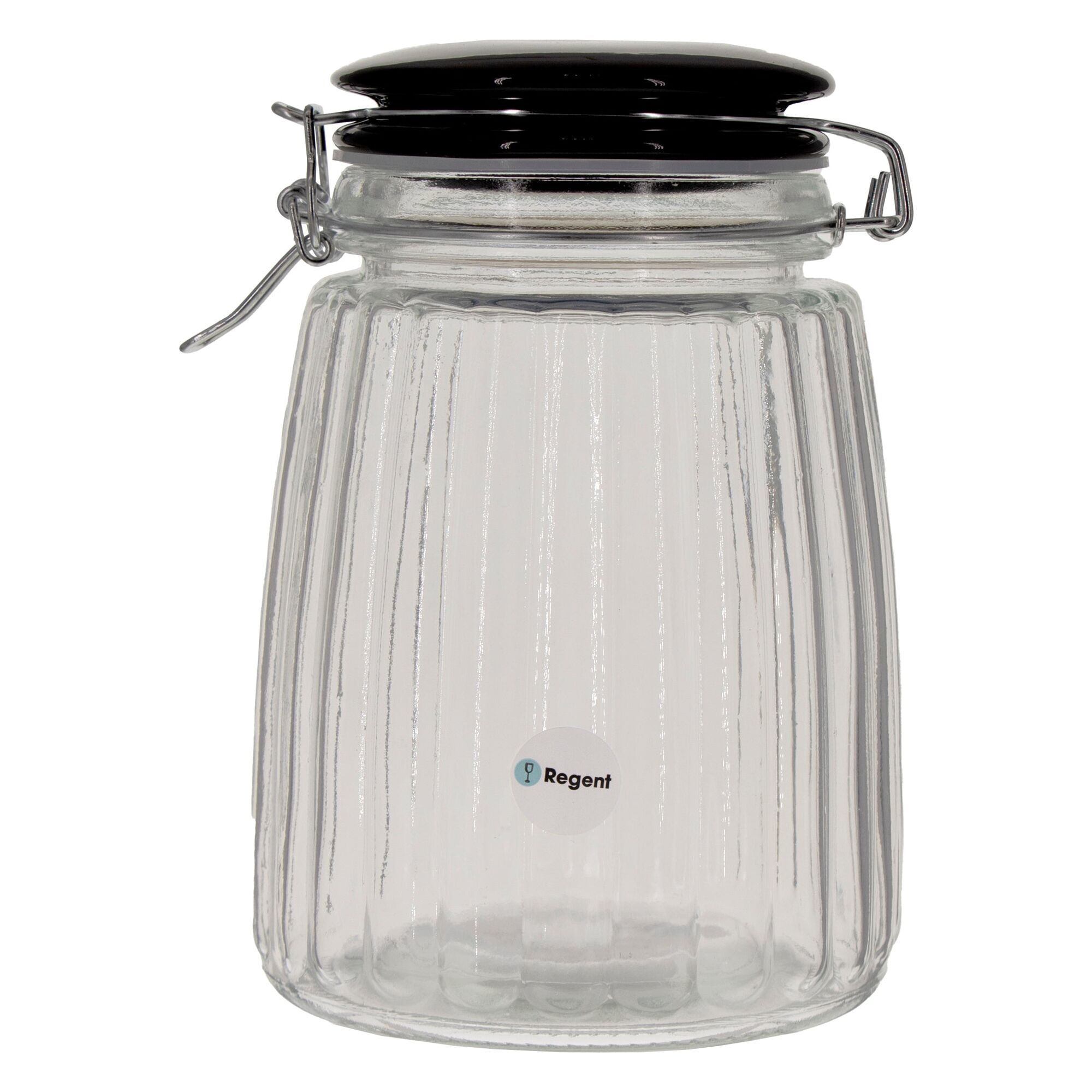 REGENT RIBBED HERMETIC GLASS CANISTER WITH BLACK CERAMIC LID AND METAL CLIP, 1.35L