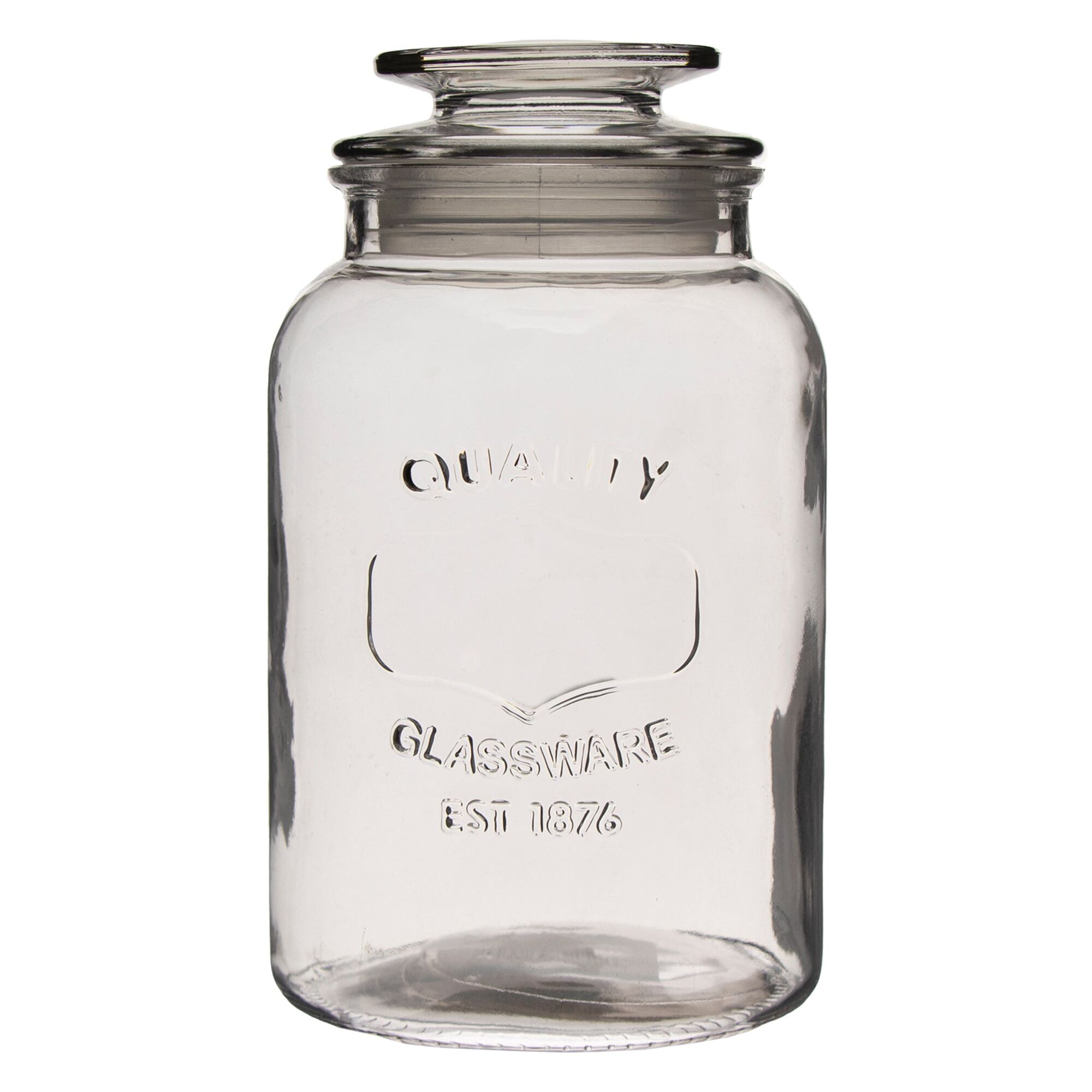 REGENT ROUND CANISTER `QUALITY` EMBOSSED WITH GLASS LID, 1,2LT