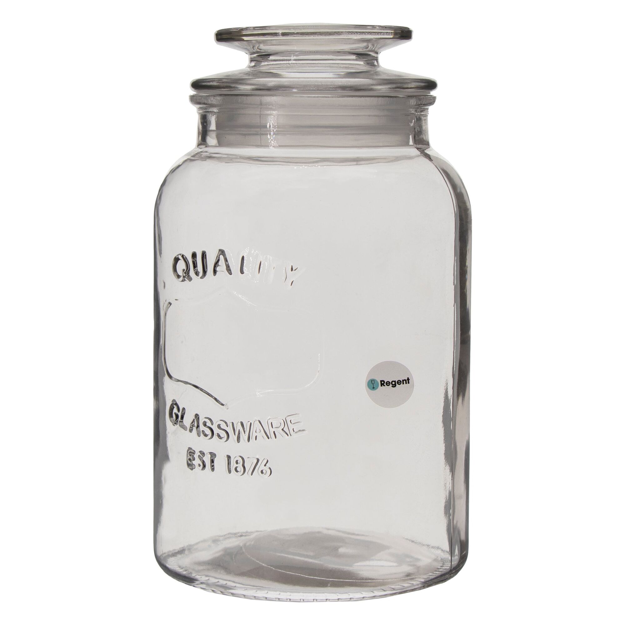REGENT ROUND CANISTER `QUALITY` EMBOSSED WITH GLASS LID, 1,5LT