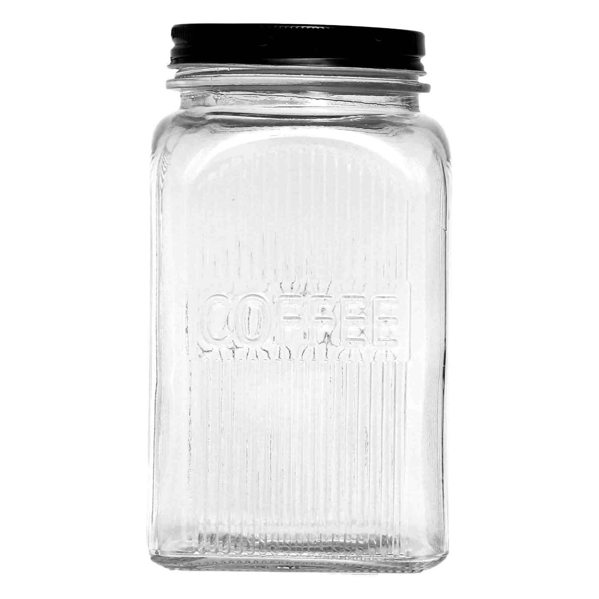 REGENT RIBBED SQUARE GLASS COFFEE CANISTER WITH BLACK LID, 1.2LT (182X100X100MM)