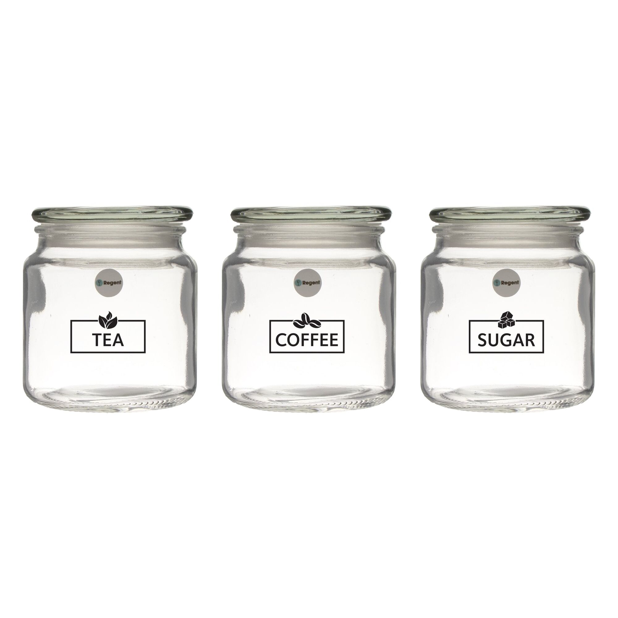 REGENT GLASS TEA, COFFEE AND SUGAR CANISTERS 3PK SET, 550ML