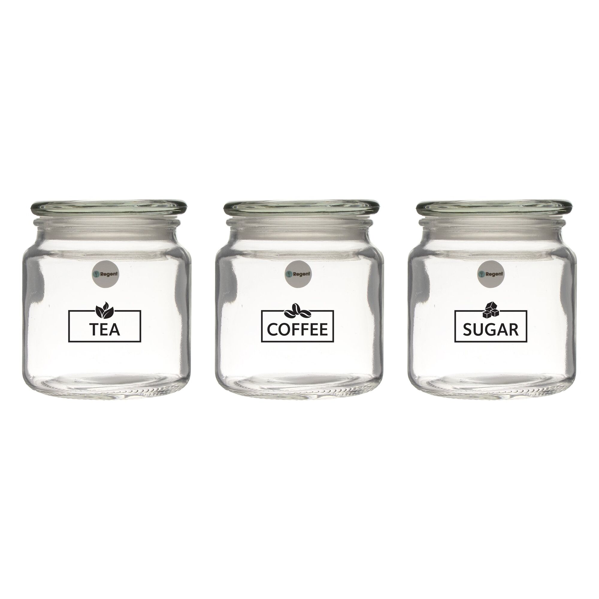 REGENT KITCHEN TEA, COFFEE AND SUGAR GLASS CANISTERS 3PCS SET, 550ML (110X100MM DIA