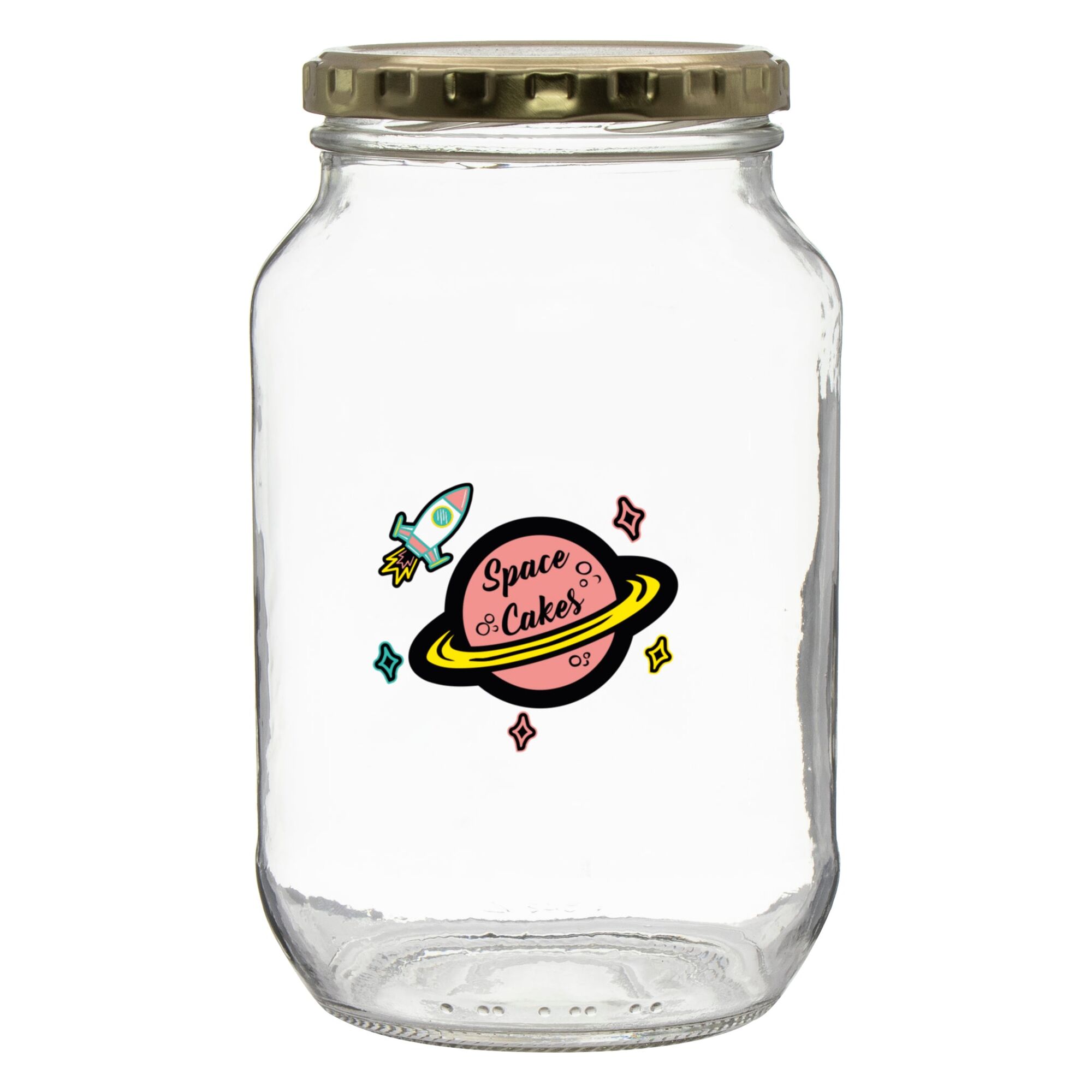 REGENT PRINTED GLASS STORAGE JAR - SPACE CAKES, 1LT (172X100MM DIA)