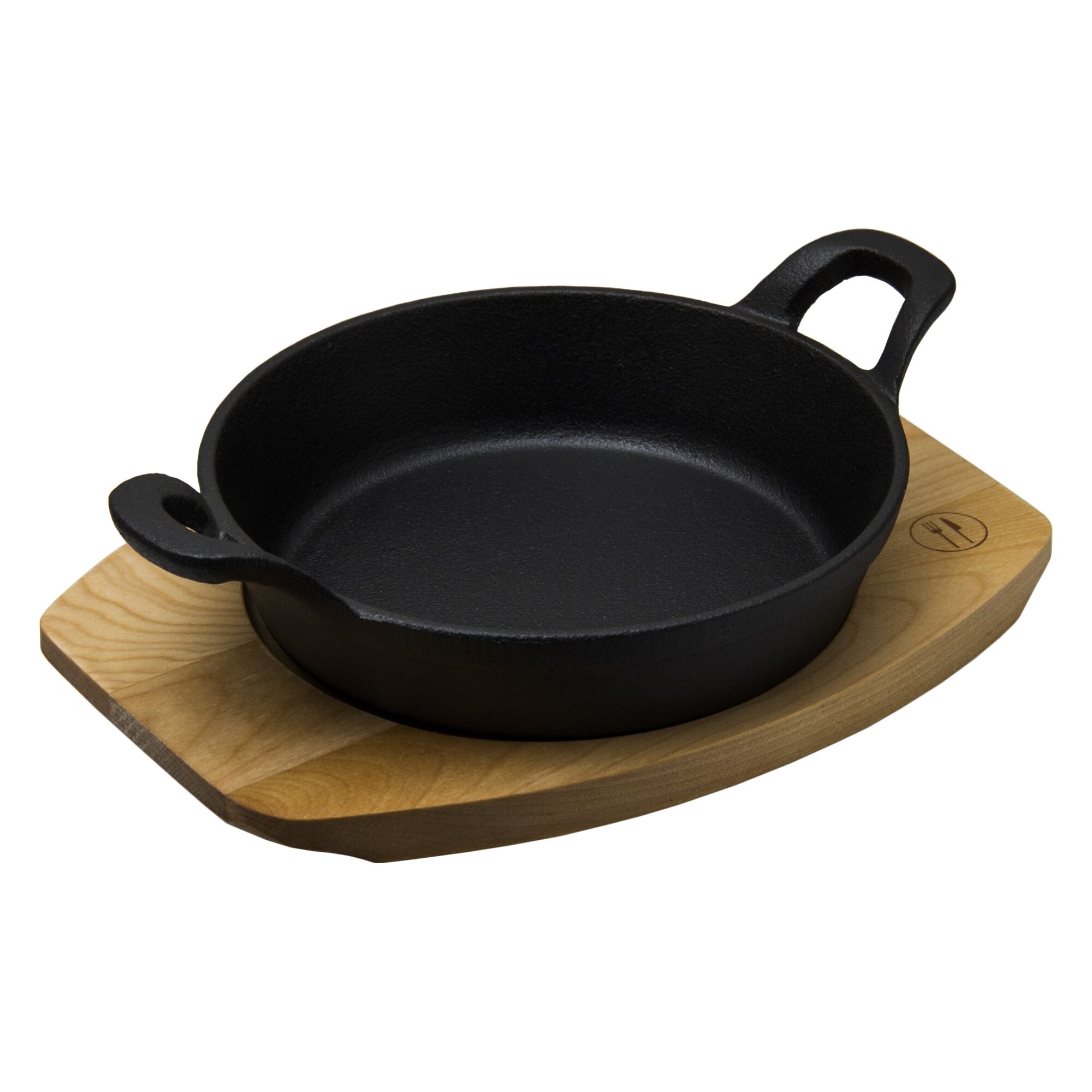 REGENT COOKWARE CAST IRON PAN WITH 2 HANDLES ON A WOODEN BOARD, (245/180MM DIAX45MM)