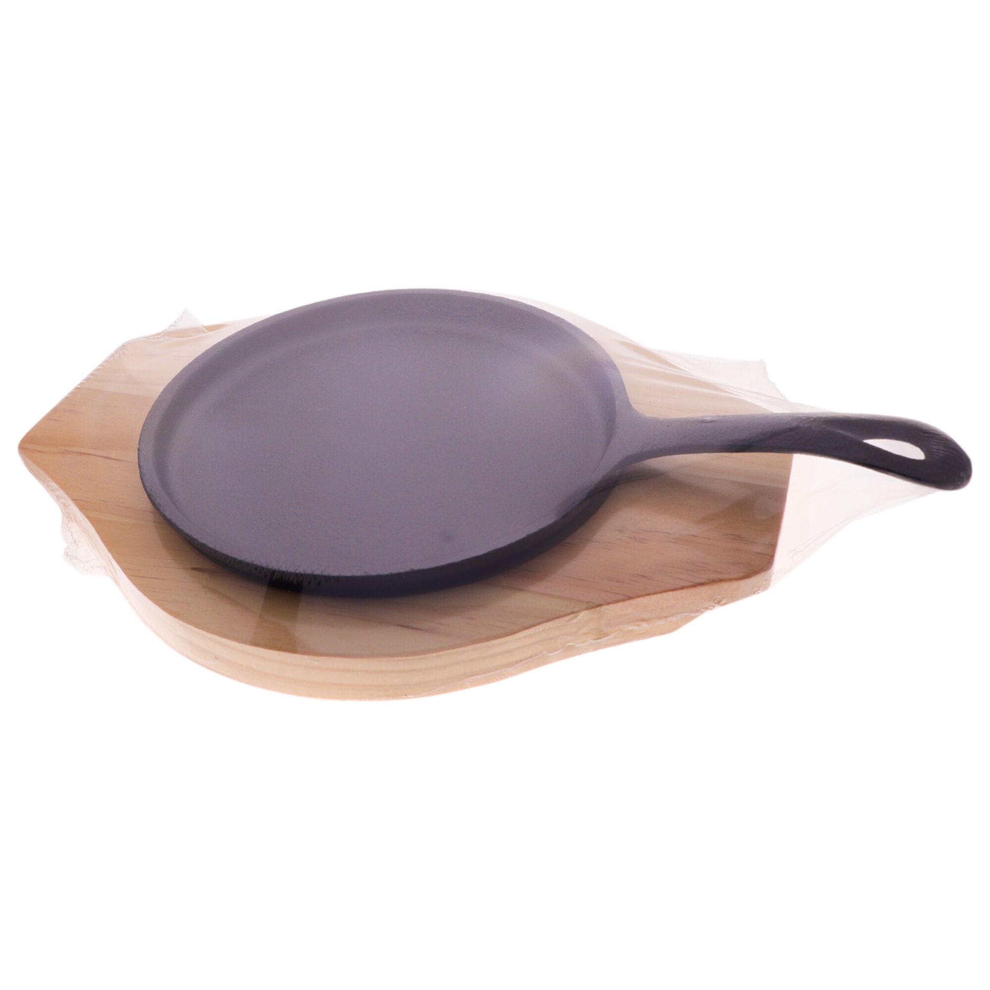 REGENT COOKWARE CAST IRON ROUND FRYING PAN ON A WOODEN BOARD, (260/158MM DIAX15MM)