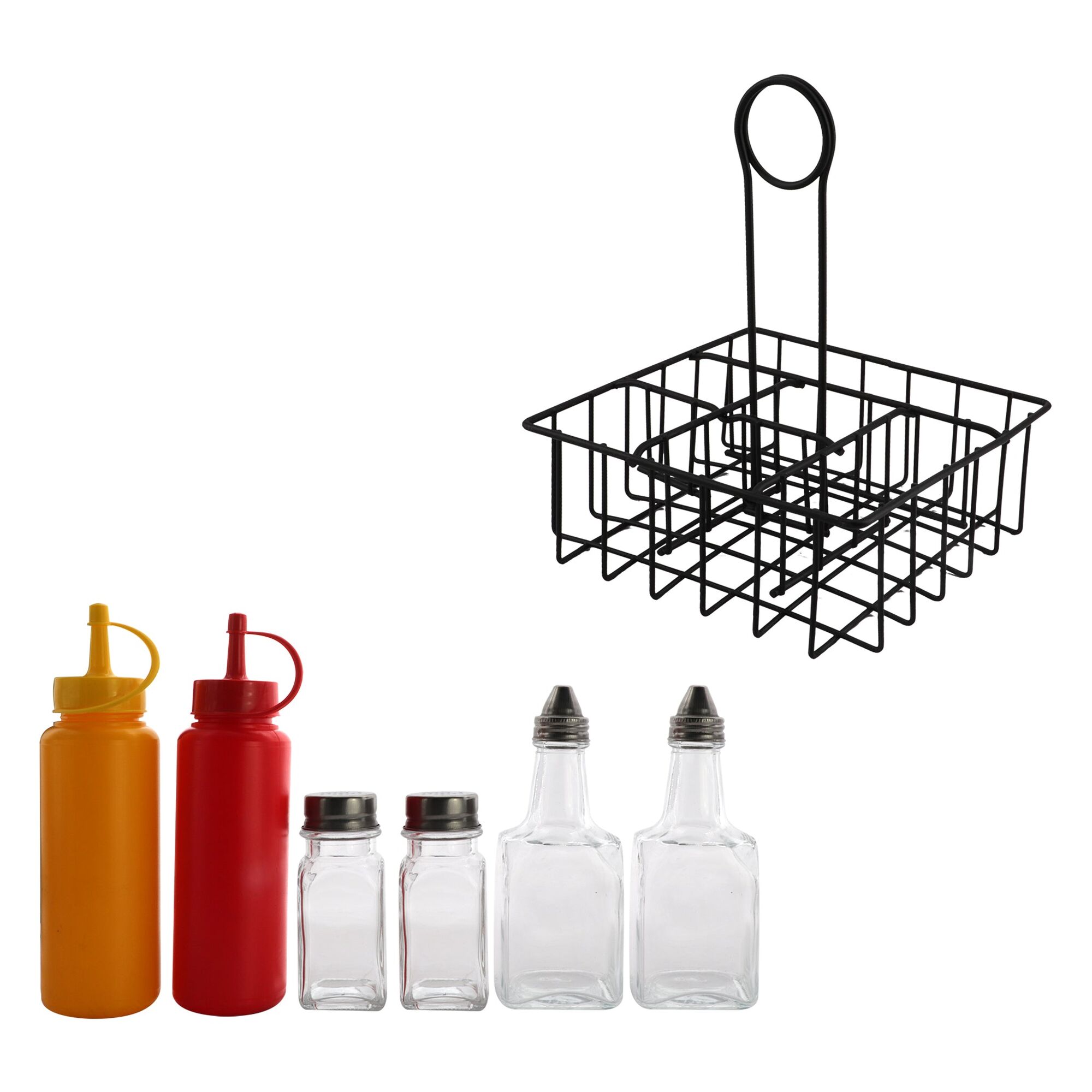 REGENT TABLE CONDIMENT HOLDER POWDER COATED BLACK WITH BOTTLES 7 PIECE SET, (177X177X215MM)