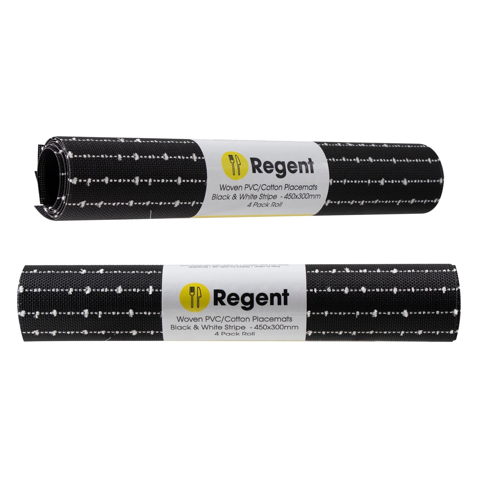 REGENT PLACE MATS PVC/COTTON WEAVE BLACK/WHITE STRIPE, 4 PACK ROLL (300X450MM)