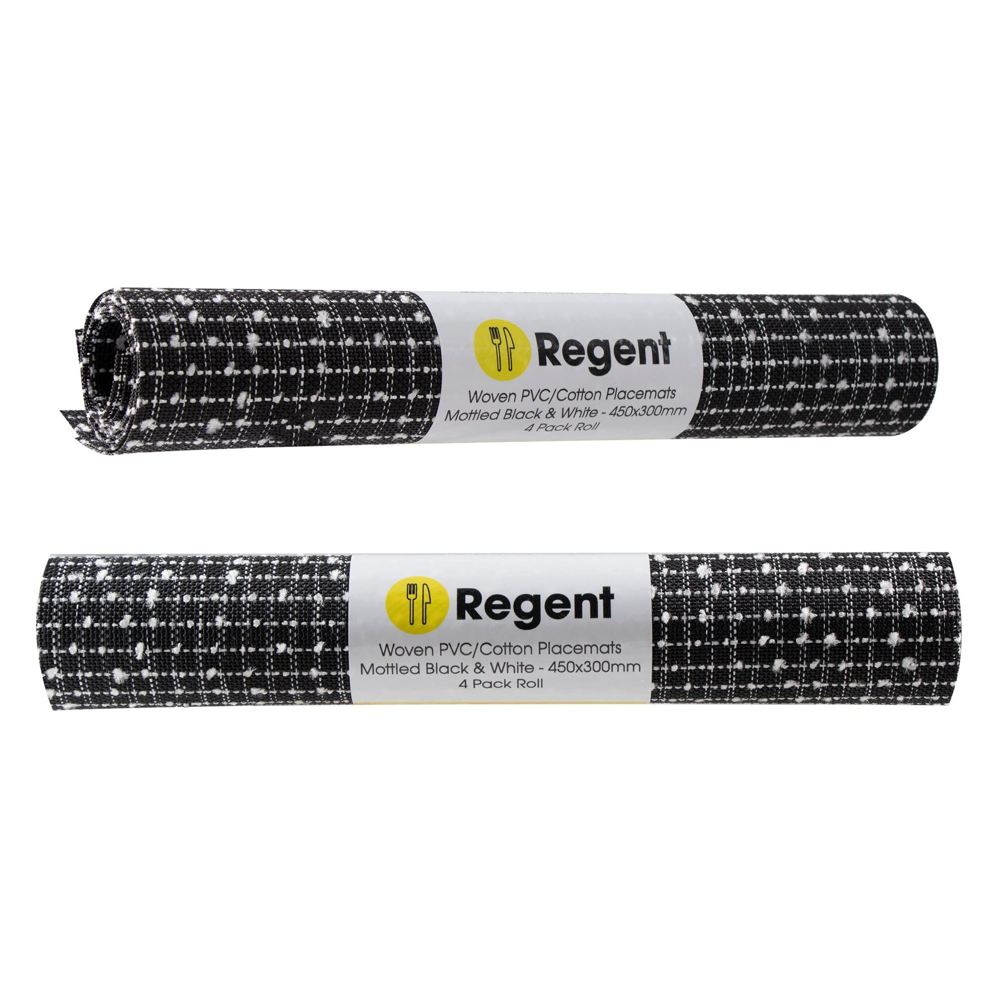 REGENT PLACE MATS PVC/COTTON WEAVE MOTTLED BLACK/WHITE, 4 PACK ROLL (300X450MM)