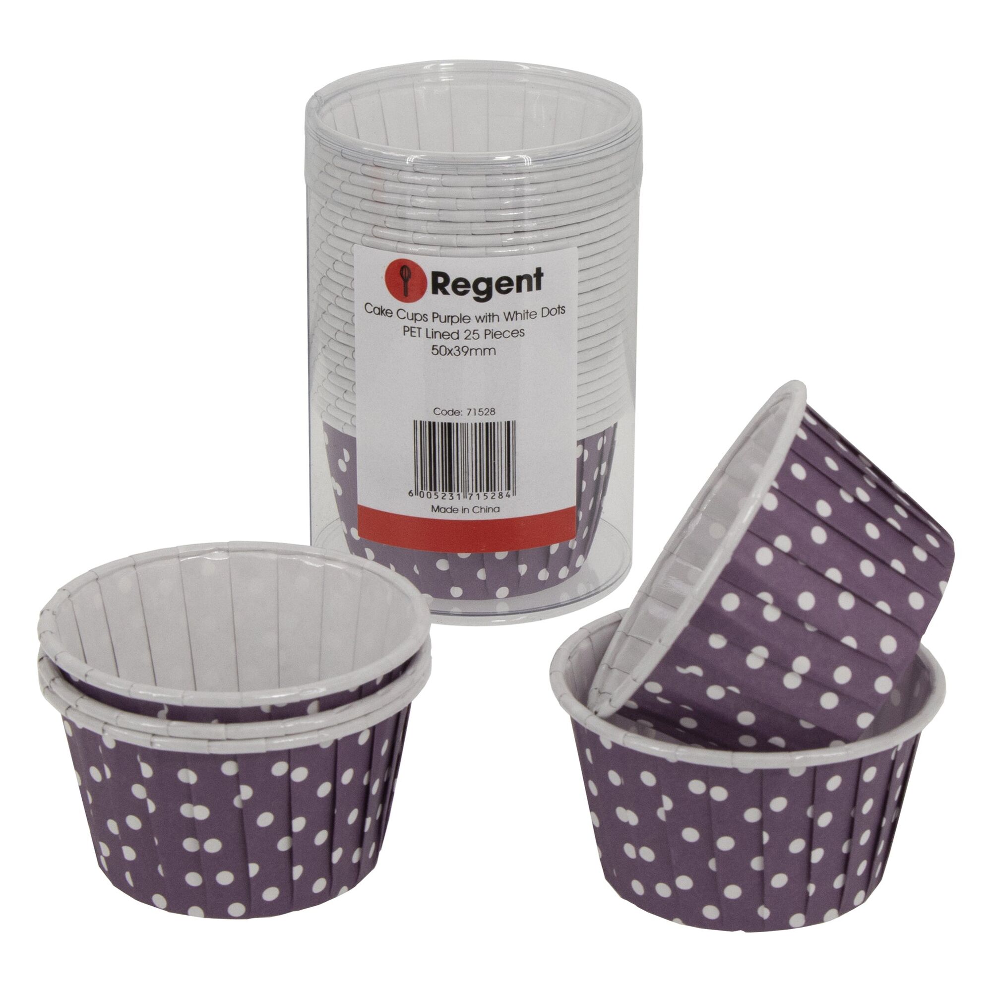 REGENT CAKE/ICE CREAM CUPS PURPLE WITH WHITE DOTS PET LINED 25 PCS, (50X39MM)