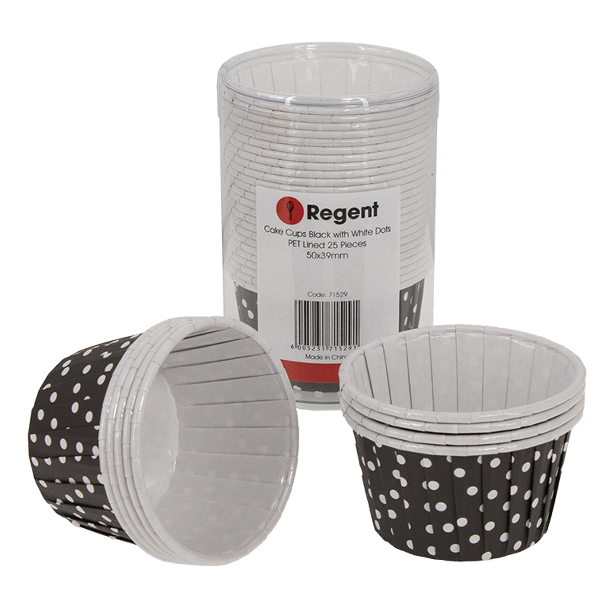 REGENT CAKE/ICE CREAM CUPS BLACK WITH WHITE DOTS PET LINED 25 PCS, (50X39MM)