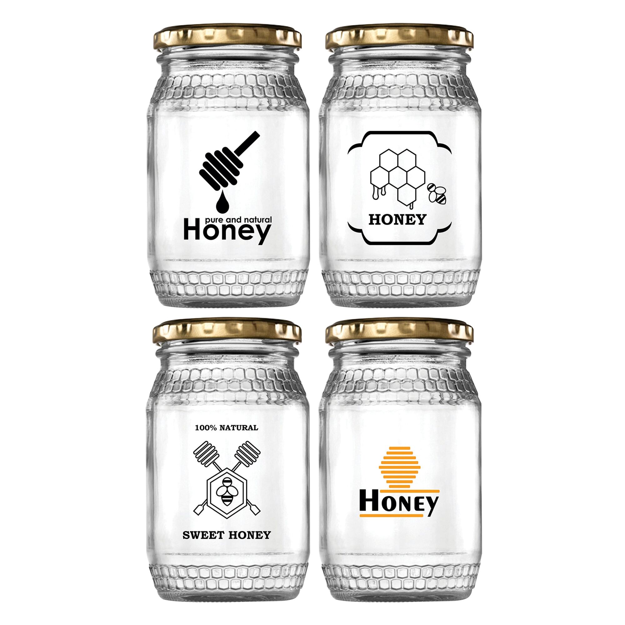 REGENT GLASS HONEY JAR WITH ASST. HONEY PRINT 4 PACK, 352ML (125X70MM DIA)