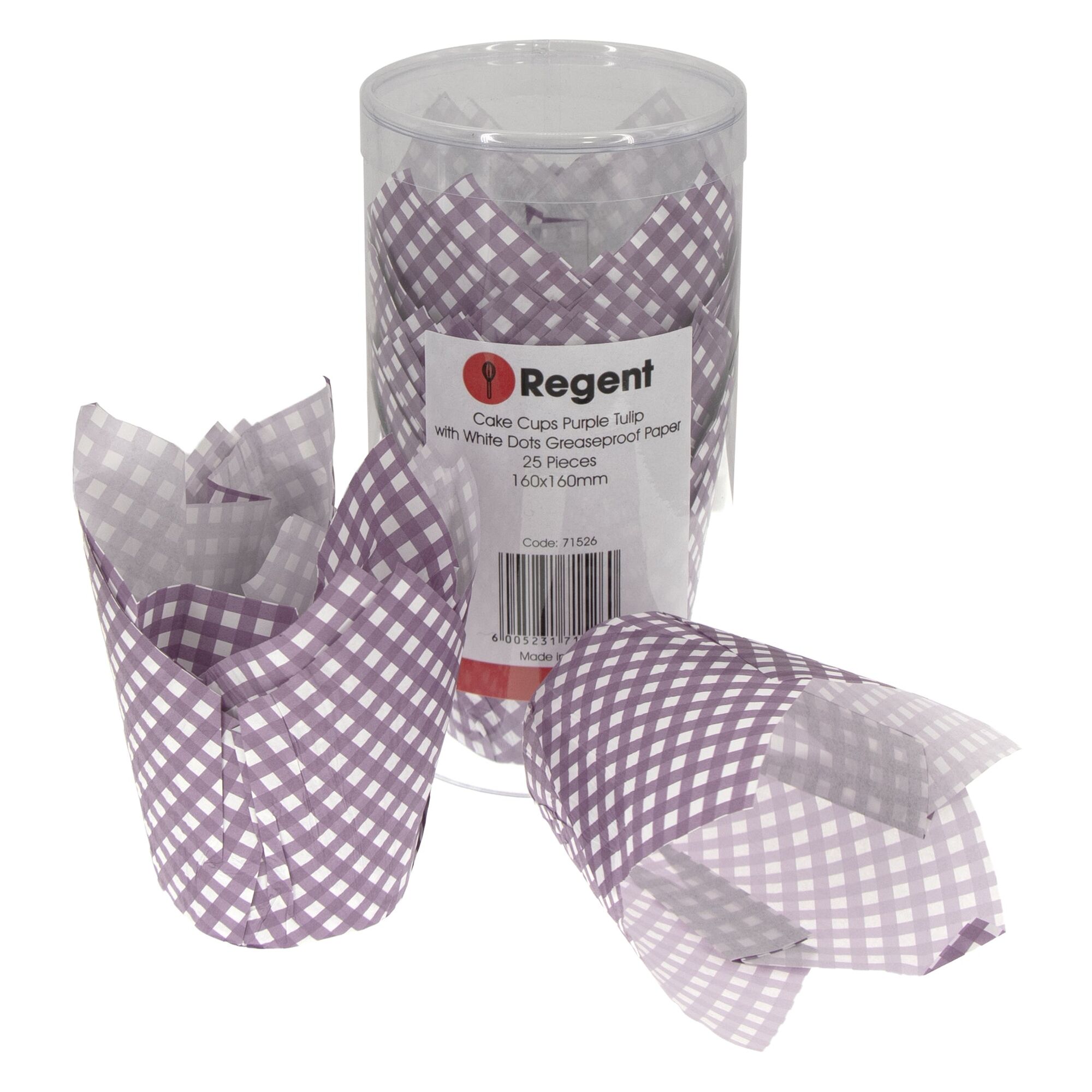 REGENT CAKE CUPS PURPLE TULIP WITH WHITE DOTS GREASE PROOF PAPER 25 PCS, (80/50MM DIAX90MM)