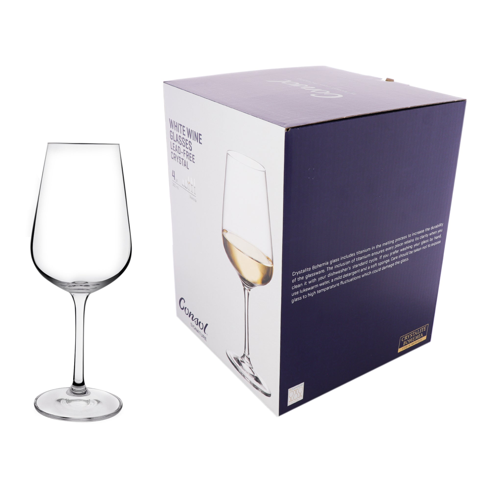 CONSOL SIGNATURE VIENNA CRYSTAL STEM WHITE WINE GLASS 4 PACK, (360ML)