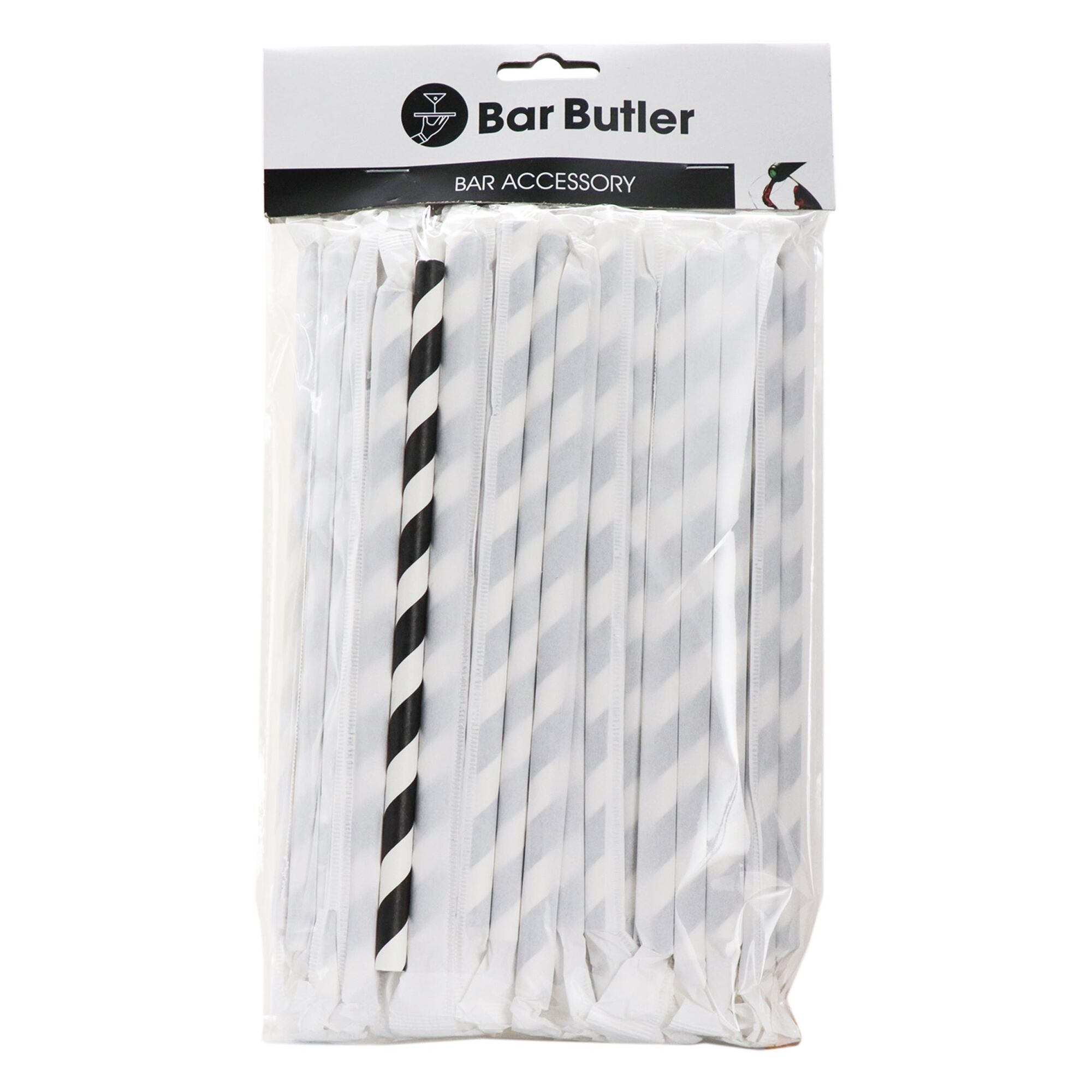 BAR BUTLER PAPER STRAWS BLACK & WHITE CHEVRON 50 X 3 PLY 8MM WRAPPED + 1 UNWRAPPED, 51PCS