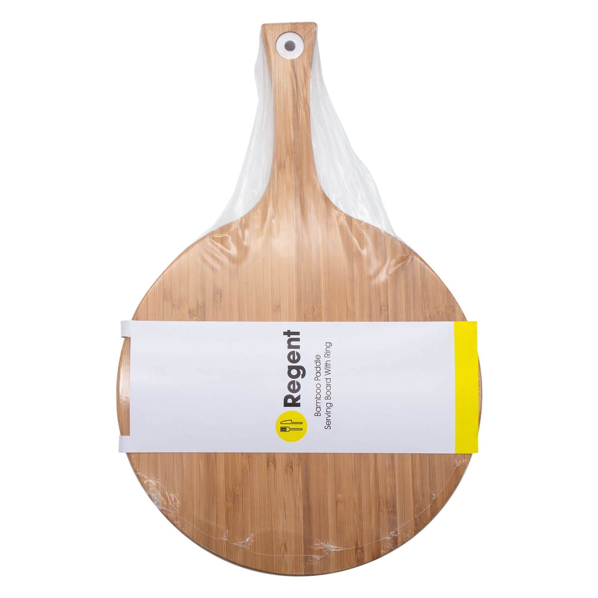 REGENT BAMBOO ROUND PADDLE SERVING BOARD WITH RING, (430/275MM DIAX15MM)