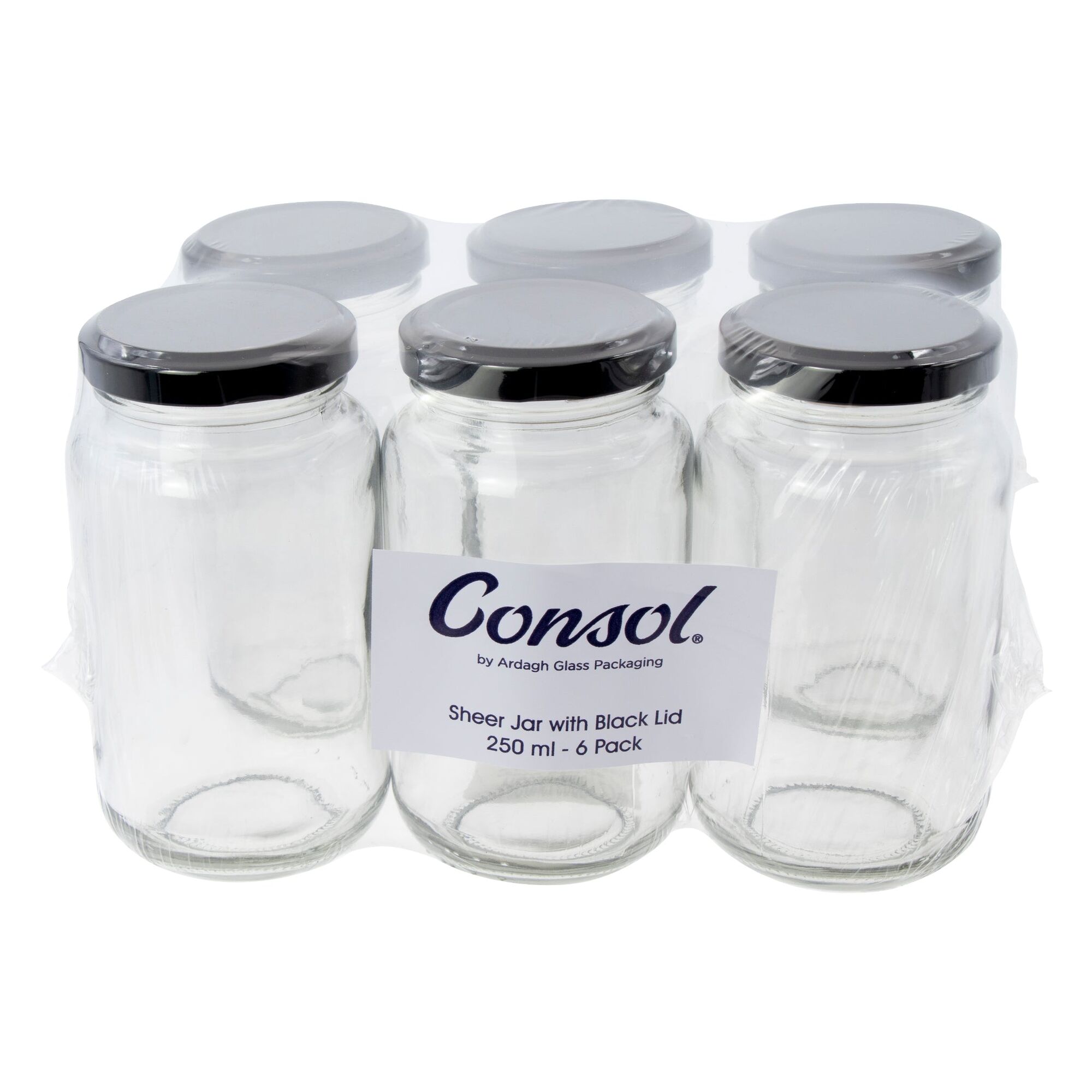 CONSOL SHEER JAR WITH BLACK LID 6 PACK, 250ML (57MM DIAX120MM)