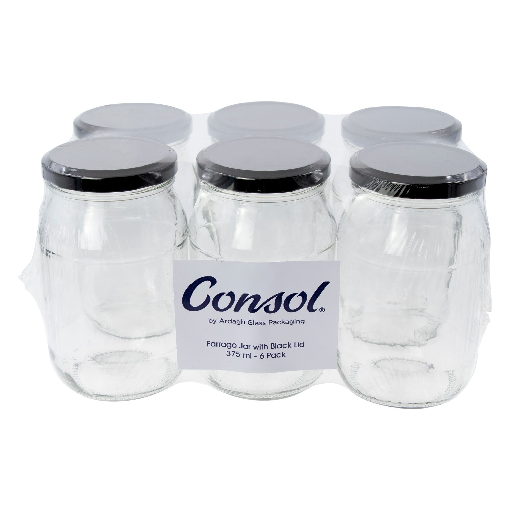 CONSOL FARRAGO JAR WITH BLACK LID 6 PACK, 375ML (124X67MM DIA)