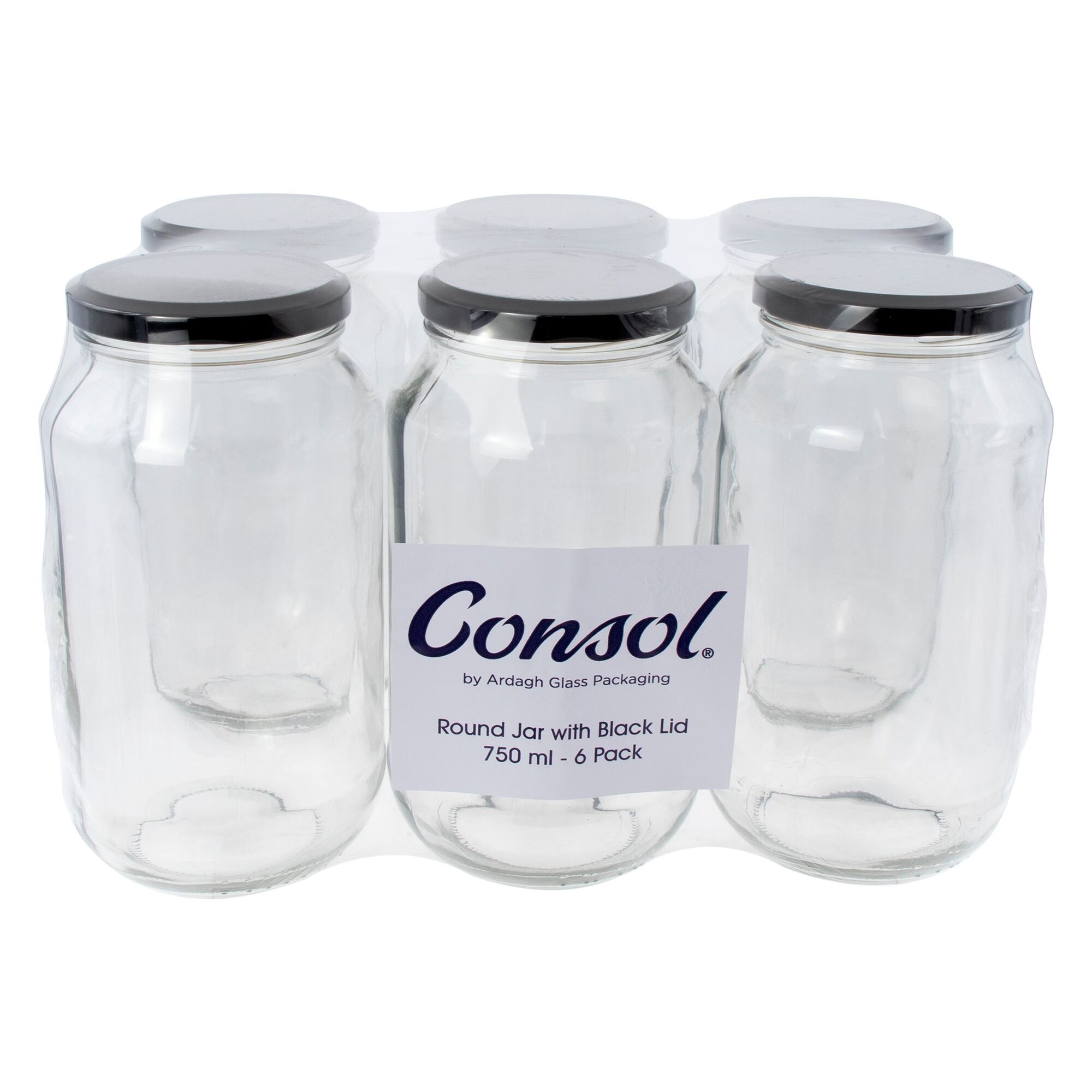 CONSOL ROUND JAR WITH BLACK LID 6 PACK, 750ML (165X85MM DIA)