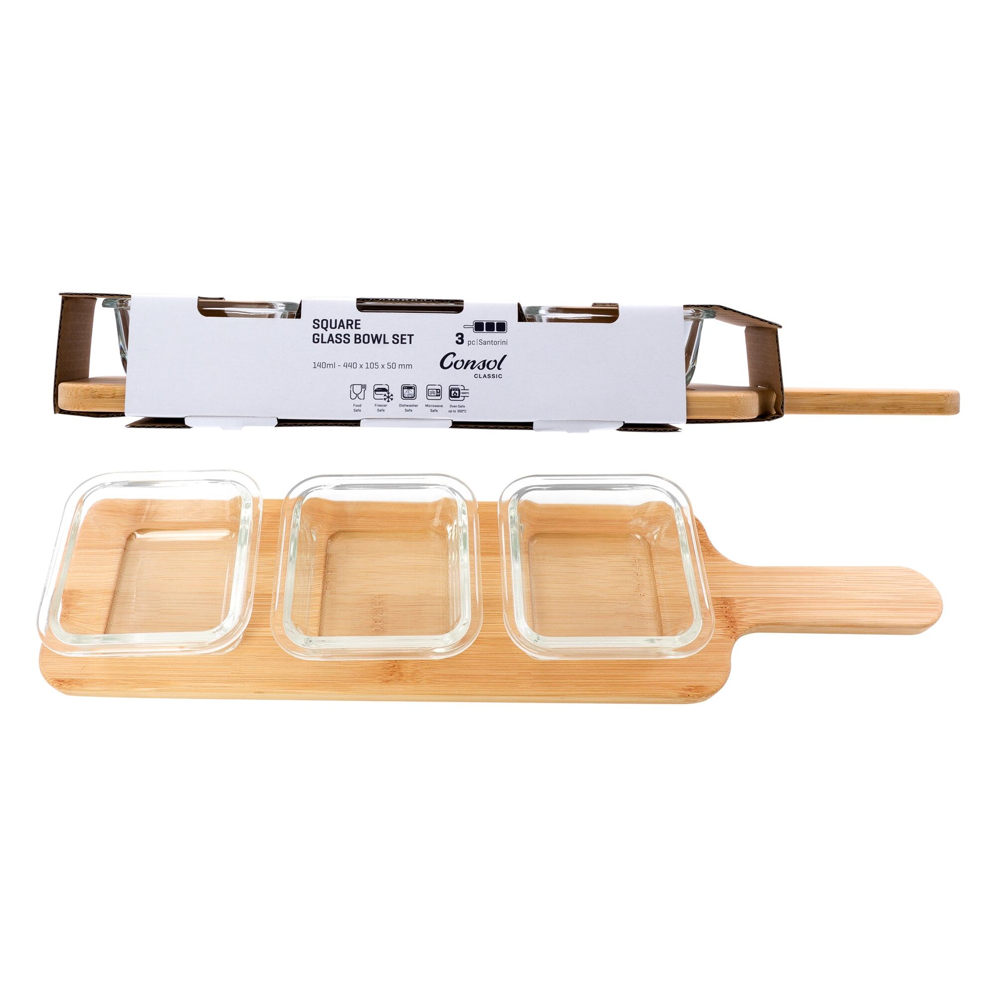 CONSOL SANTORINI 3 SQUARE GLASS BOWLS 140ML ON A BAMBOO SERVING BOARD 4PK SET