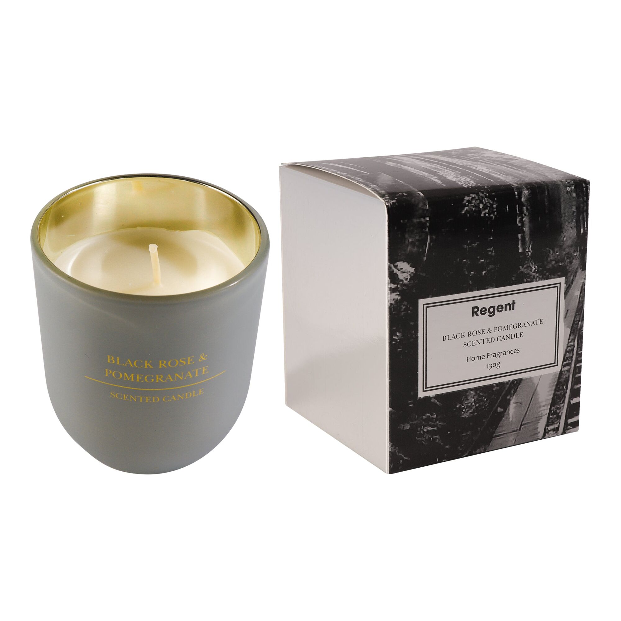 REGENT SCENTED CANDLE GREY JAR SMALL, BLACK ROSE & POMEGRANATE 130G