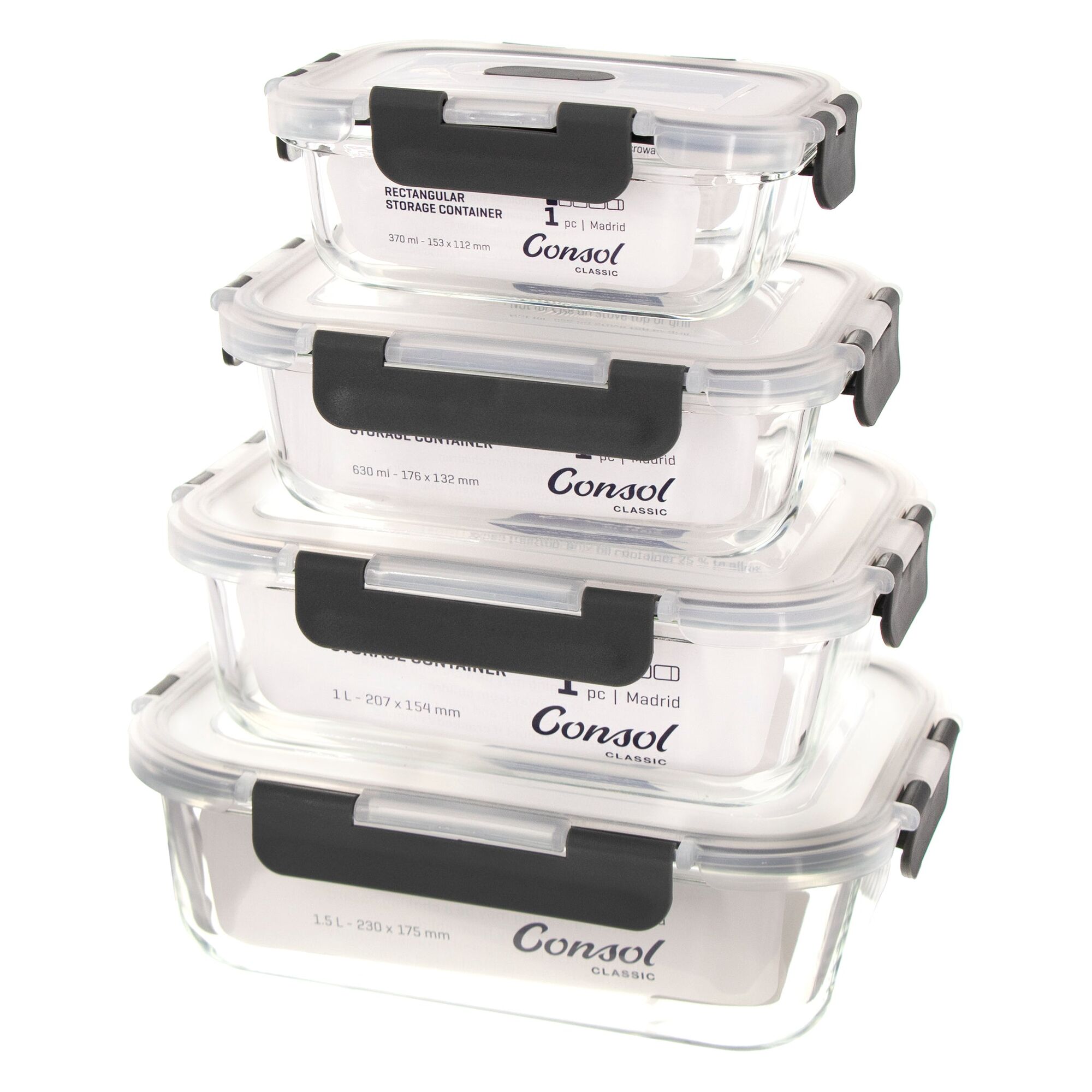 CONSOL MADRID STORAGE CONTAINERS WITH CLIP ON VENTED LIDS 4PCE VALUE PACK, (1.5LT,1LT,630ML & 370ML)