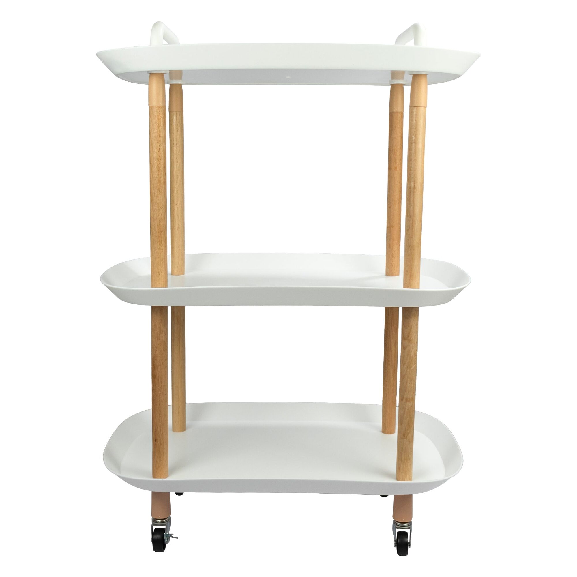 STORAGE RACK 3 SHELF WHITE PLASTIC AND WOOD ON CASTERS, 575X360MM