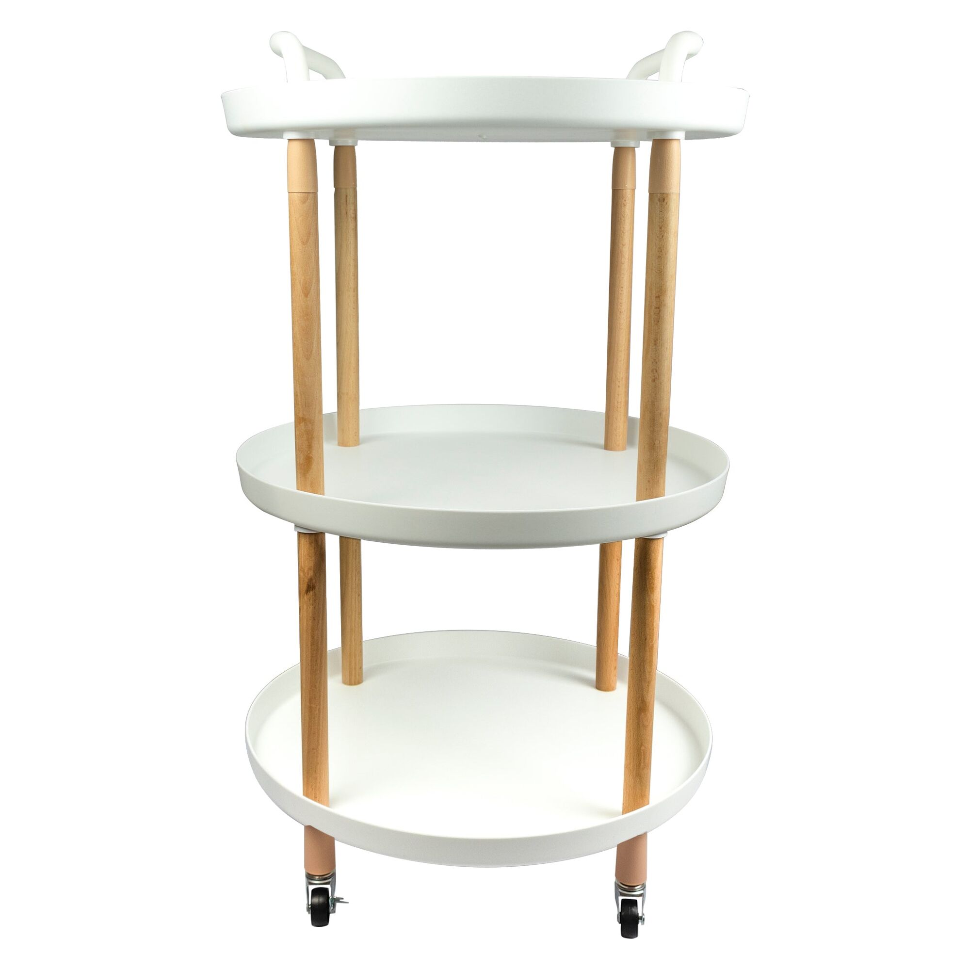 STORAGE RACK ROUND 3 SHELF WHITE PLASTIC AND WOOD ON CASTERS, 810X475MM DIA