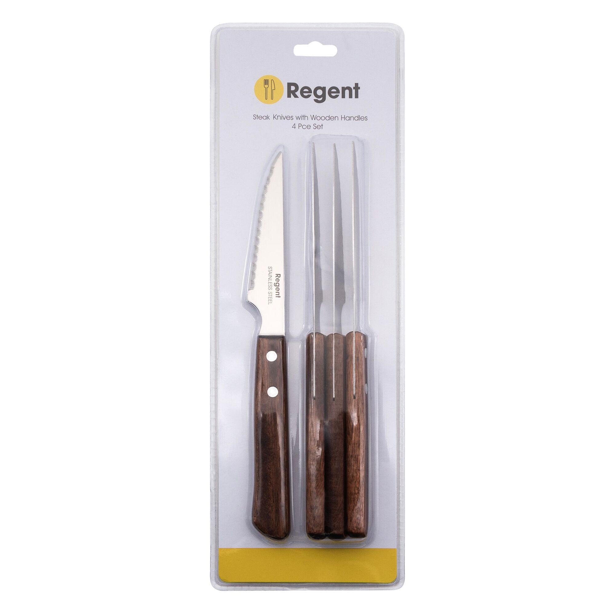 REGENT KITCHEN STEAK KNIVES WITH WOODEN HANDLES 4PCE SET, 222MM