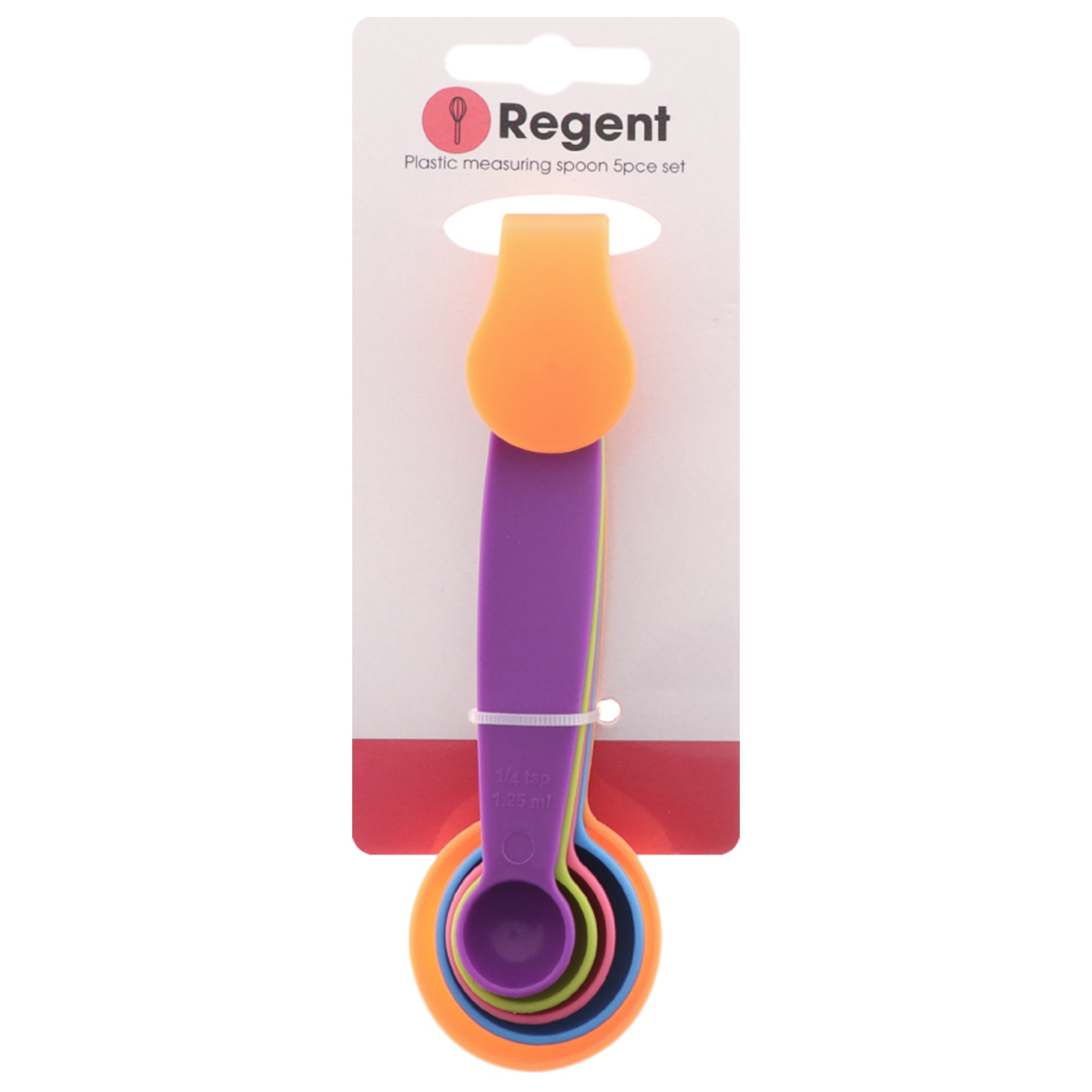 REGENT BAKEWARE MEASURING SPOON PLASTIC 5 PIECE SET COLOURS, (140X40X30MM)