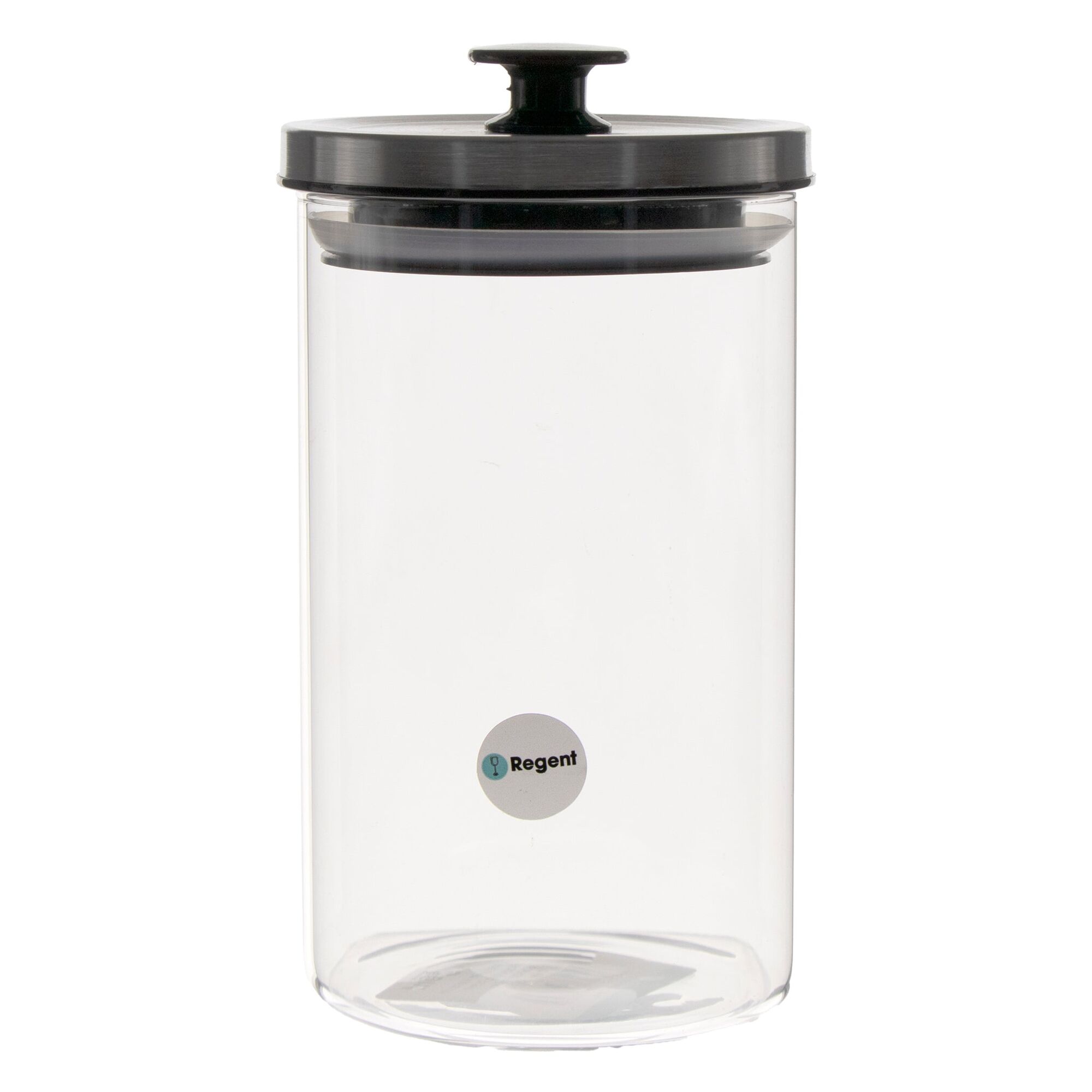 REGENT ROUND BOROCILICATE GLASS CANISTER WITH METAL LID AND BLACK KNOB, 950ML (180X100MM DIA)