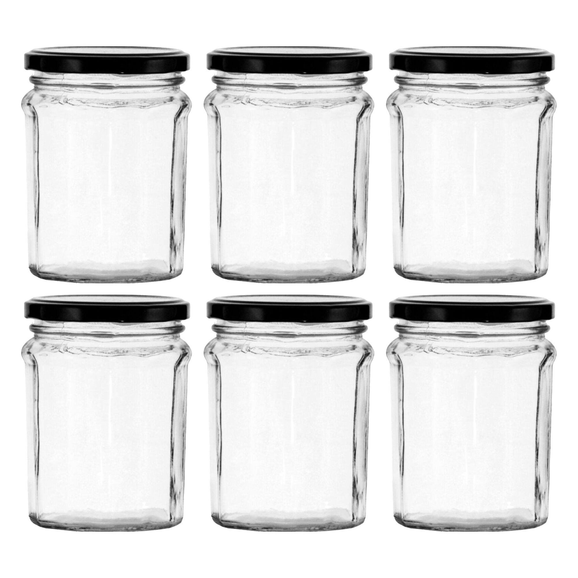 REGENT GLASS FACETED JAR WITH BLACK LID 6 PACK, 380ML (85MM DIAX115MM)