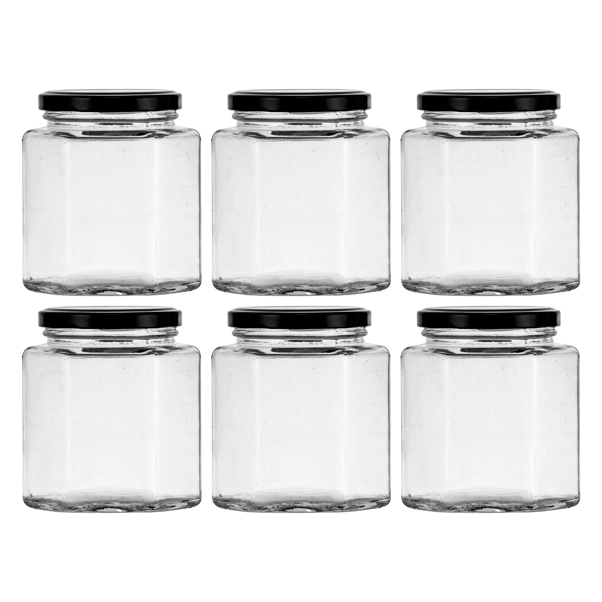 REGENT GLASS HEXAGONAL JAR WITH BLACK LID 6 PACK, 380ML (102X85X85MM)