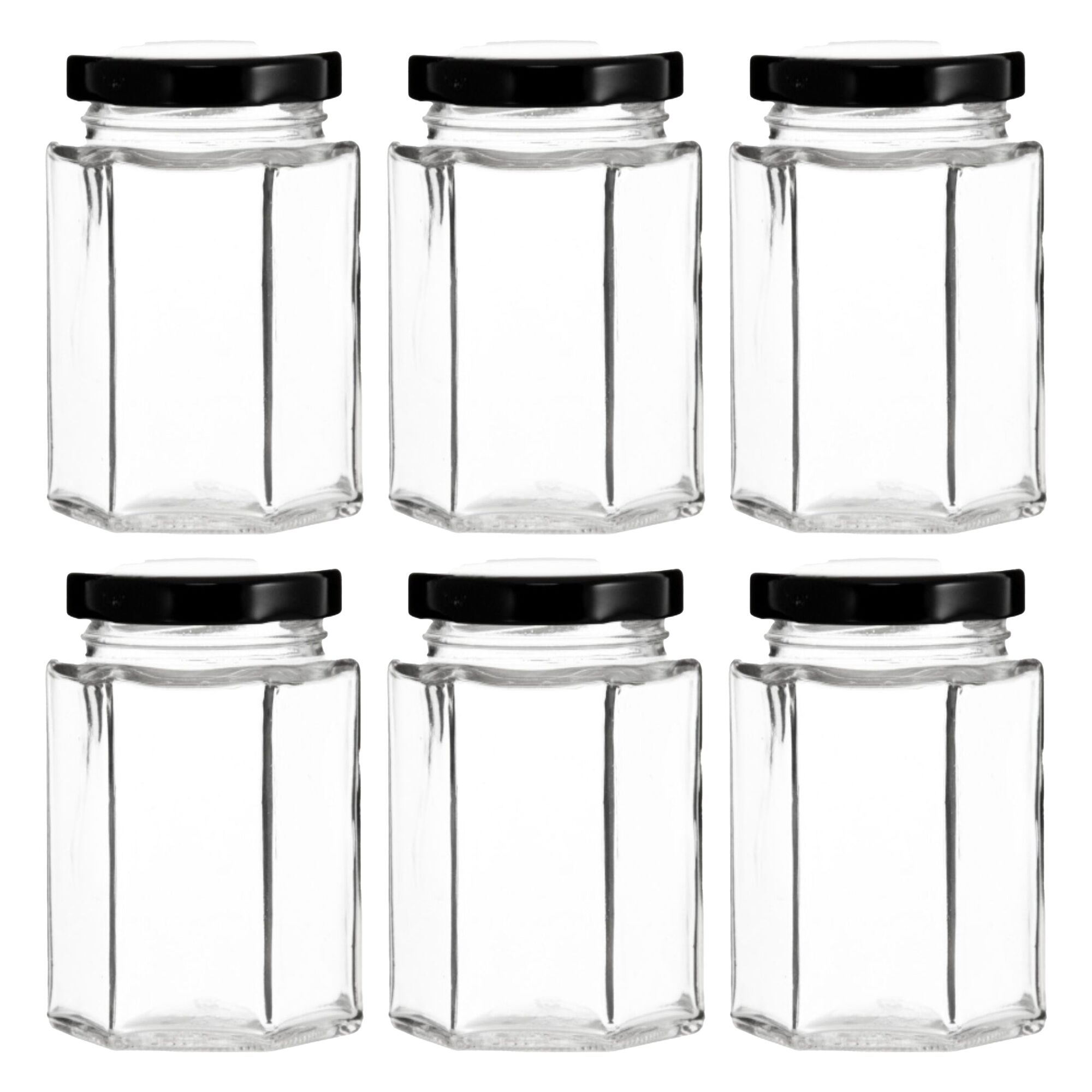 REGENT GLASS HEXAGONAL JAR WITH BLACK LID 6 PACK, 730ML (120X110X110MM)